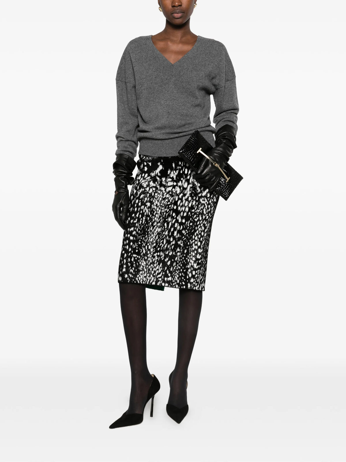 lynx jacquard velvet pencil skirt with front slit