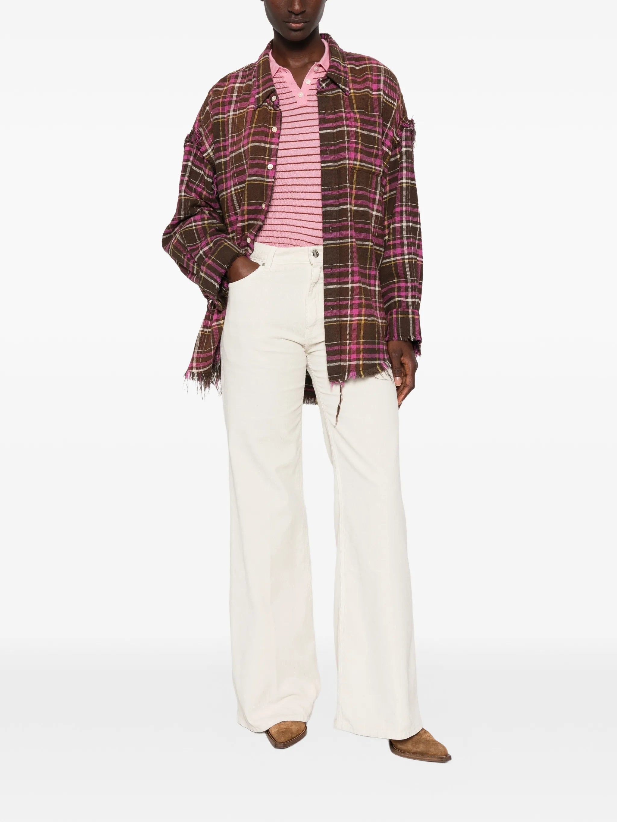 shredded-seam drop-neck shirt