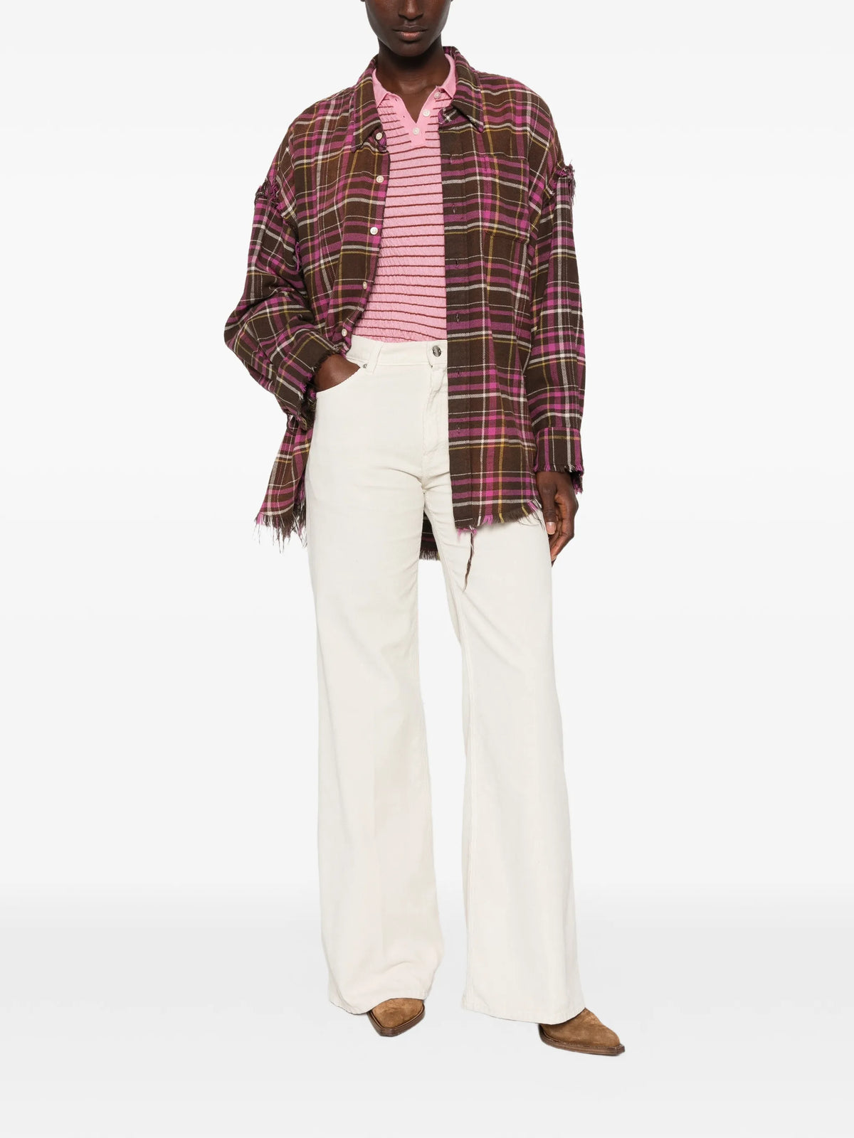shredded-seam drop-neck shirt