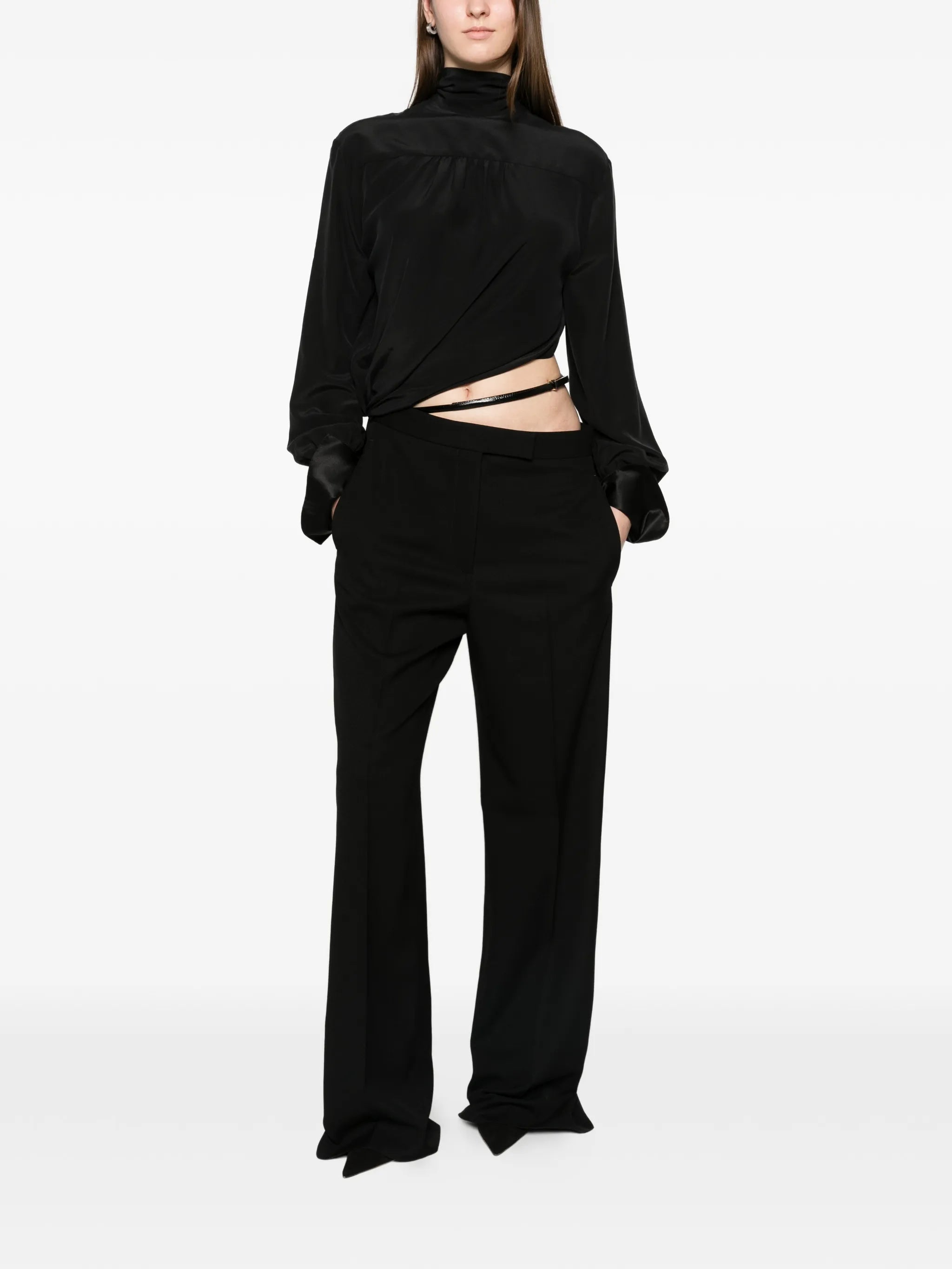 washed silk tuxedo jumpsuit with belt detail