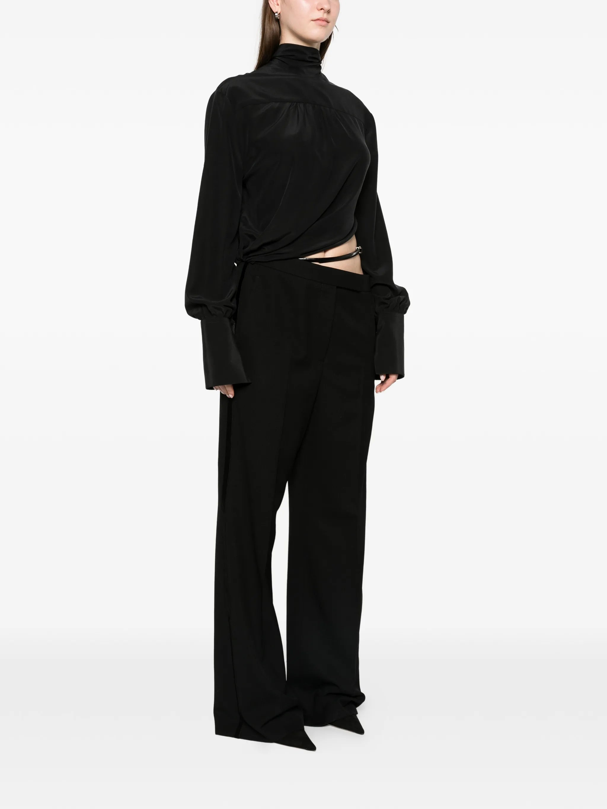 washed silk tuxedo jumpsuit with belt detail