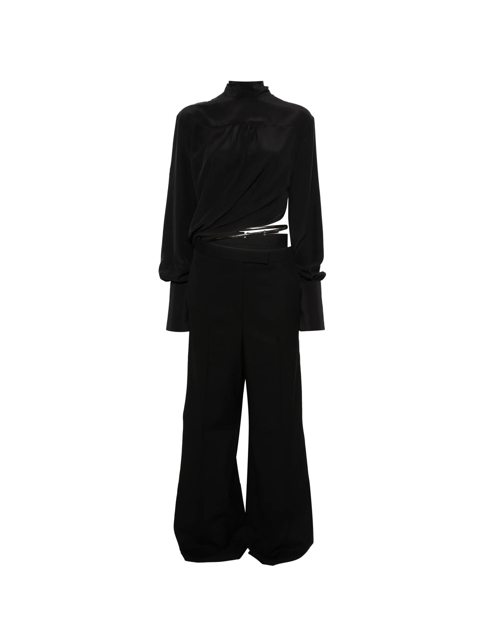 washed silk tuxedo jumpsuit with belt detail
