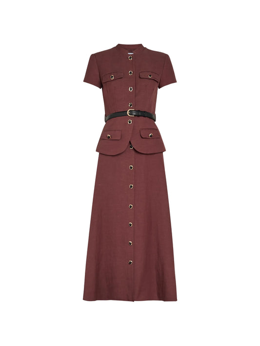 belted peplum-waist midi dress