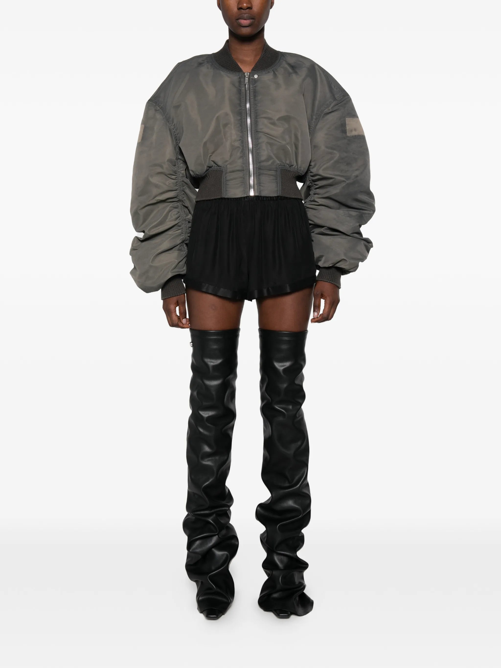 padded ruched-sleeve bomber jacket