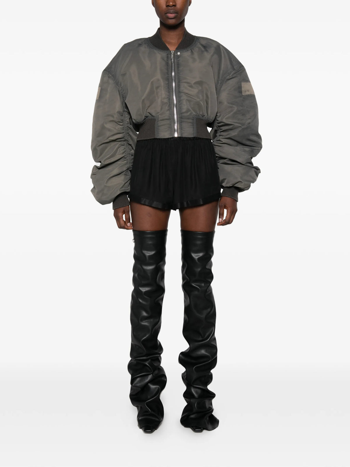 padded ruched-sleeve bomber jacket
