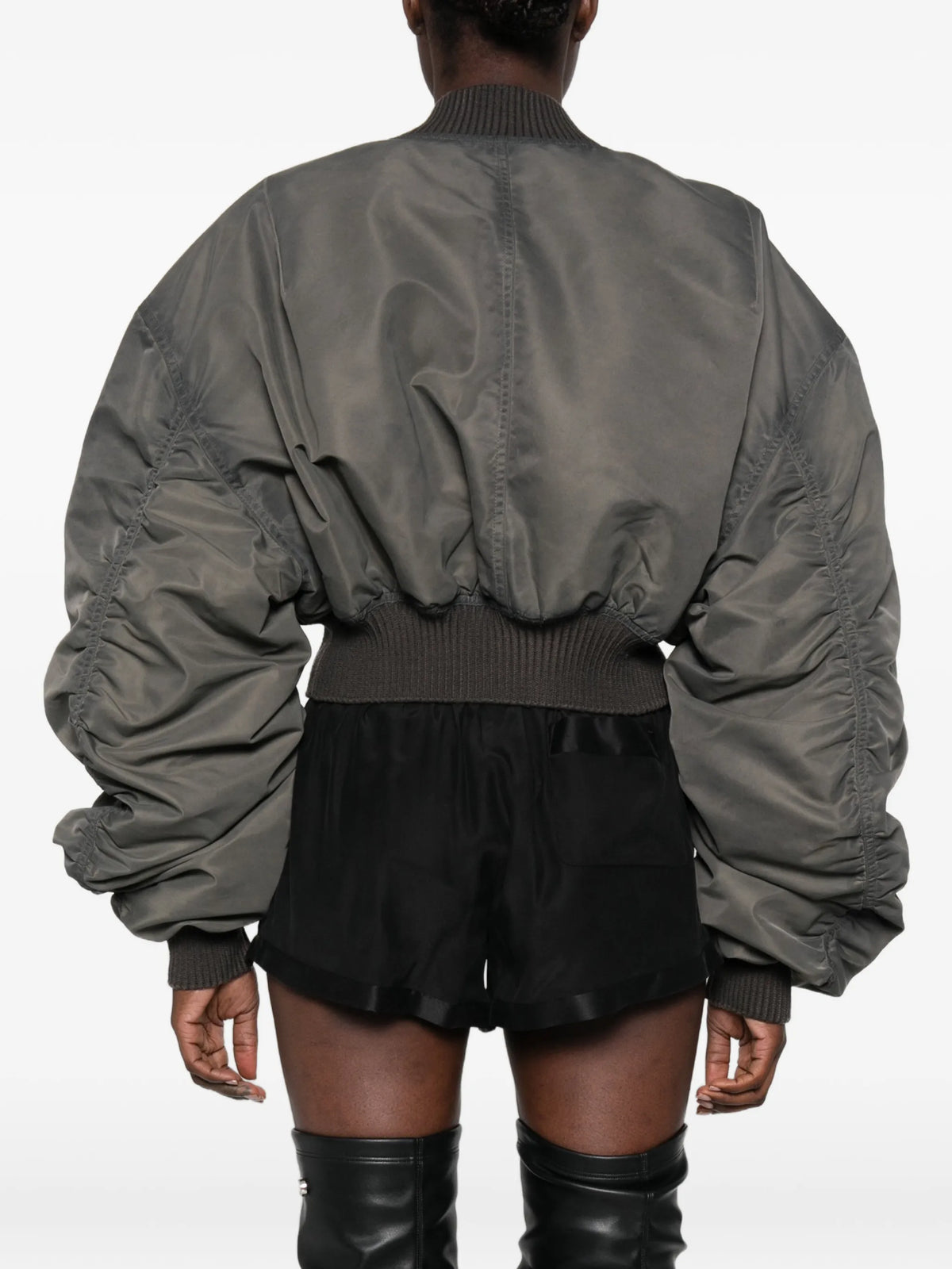 padded ruched-sleeve bomber jacket