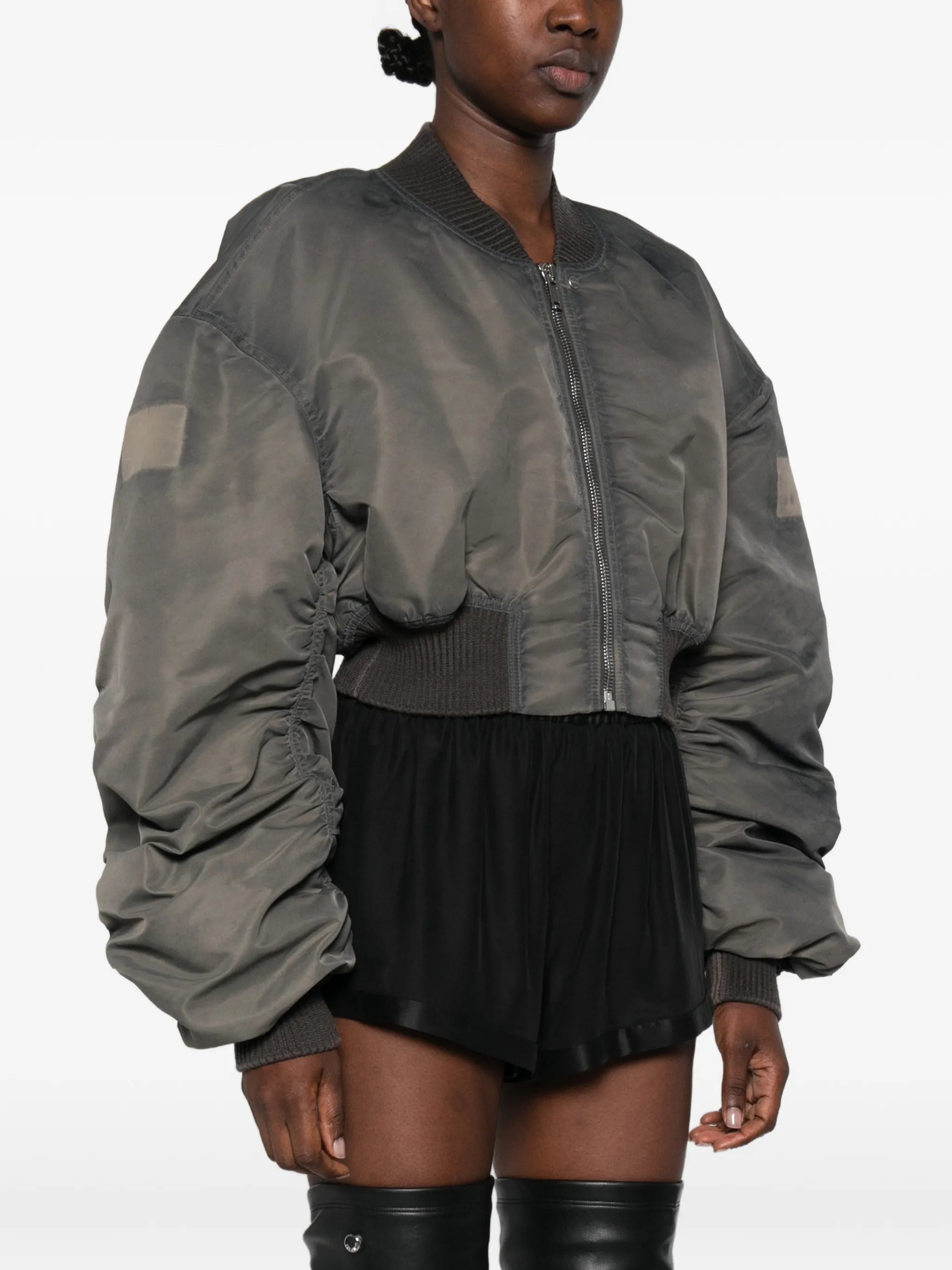 padded ruched-sleeve bomber jacket