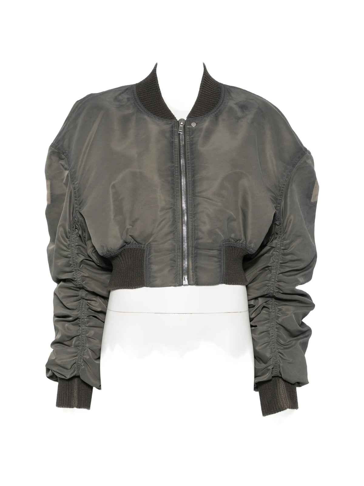 padded ruched-sleeve bomber jacket