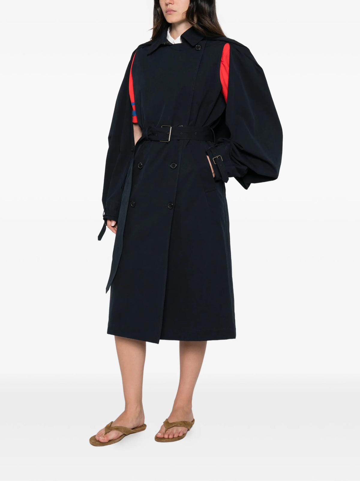 cape-overlay double-breasted trench coat