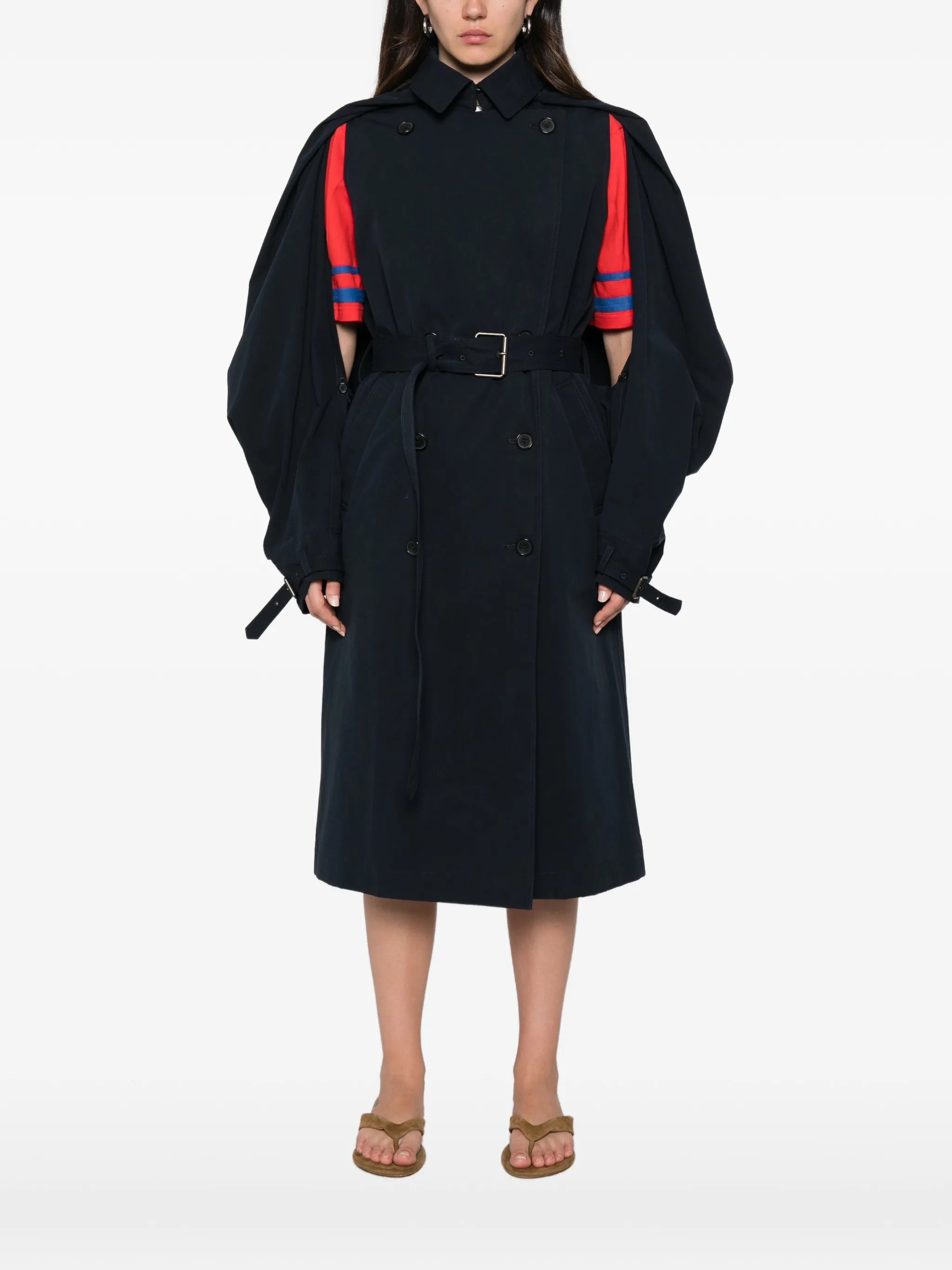 cape-overlay double-breasted trench coat