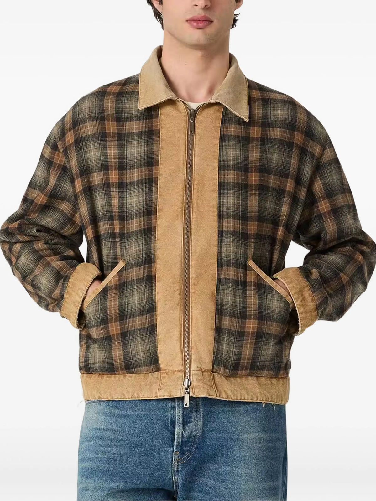 reversible-jacket in beige cotton with check-pattern