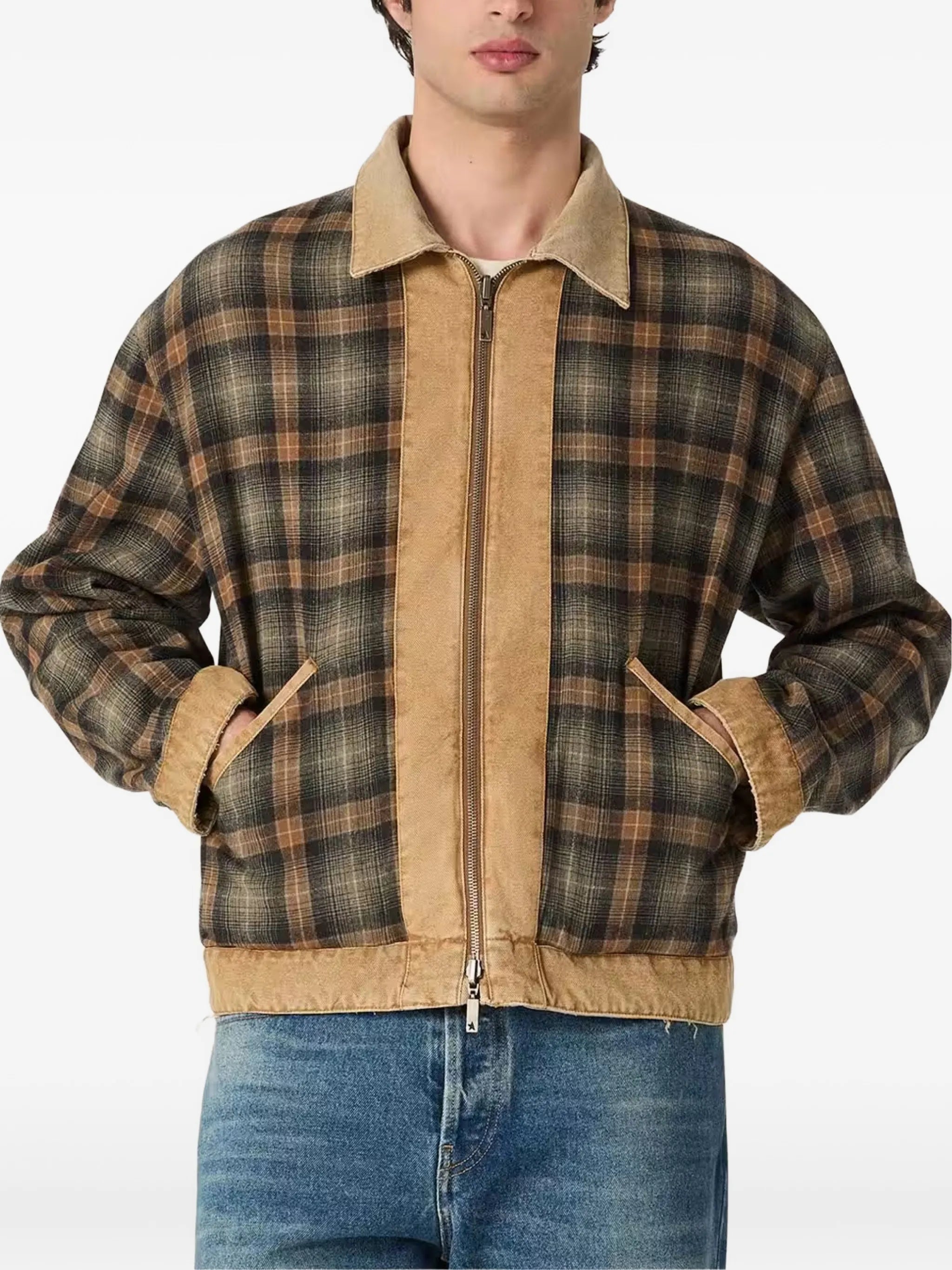 reversible-jacket in beige cotton with check-pattern
