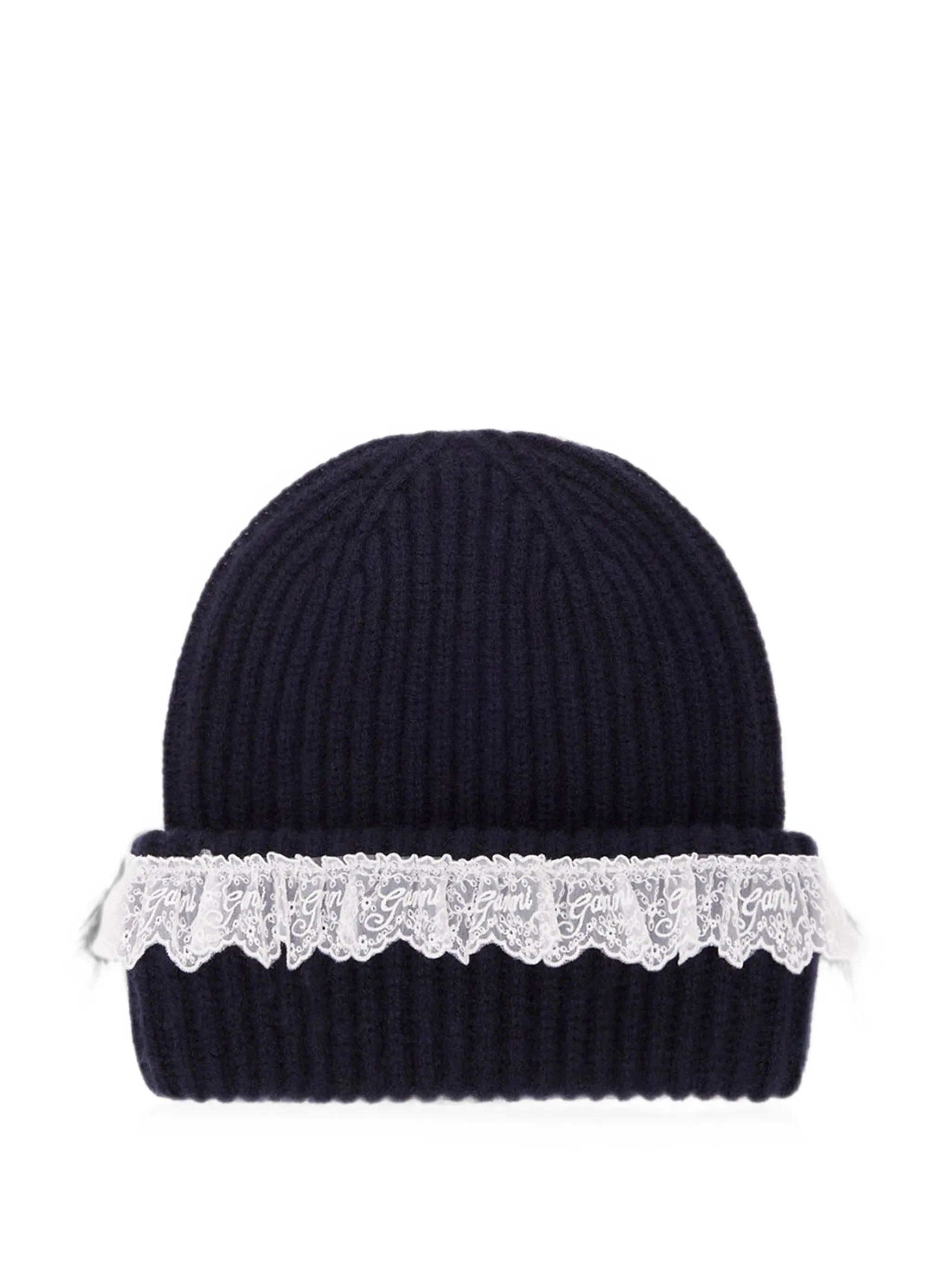 lace-trim ribbed beanie hat