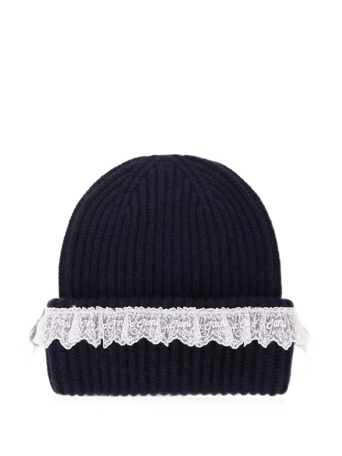 lace-trim ribbed beanie hat