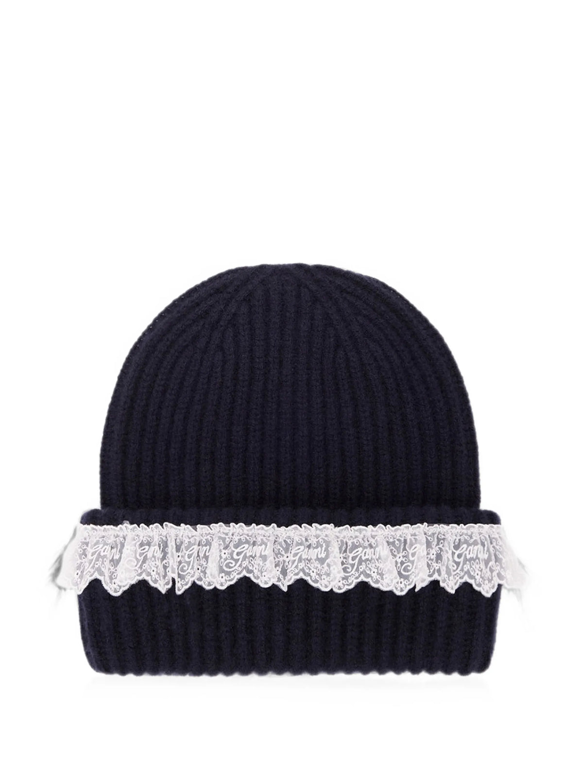 lace-trim ribbed beanie hat