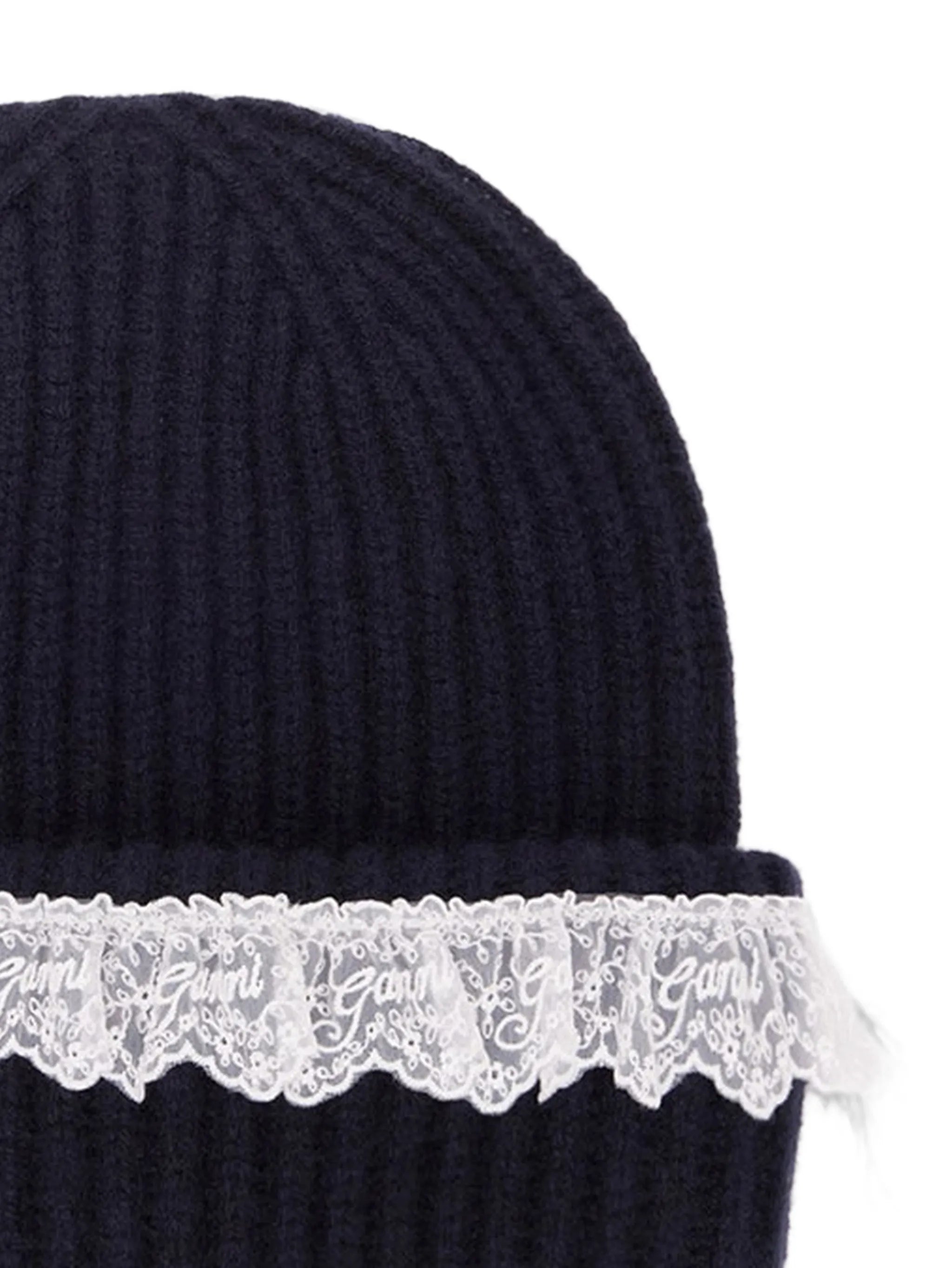 lace-trim ribbed beanie hat