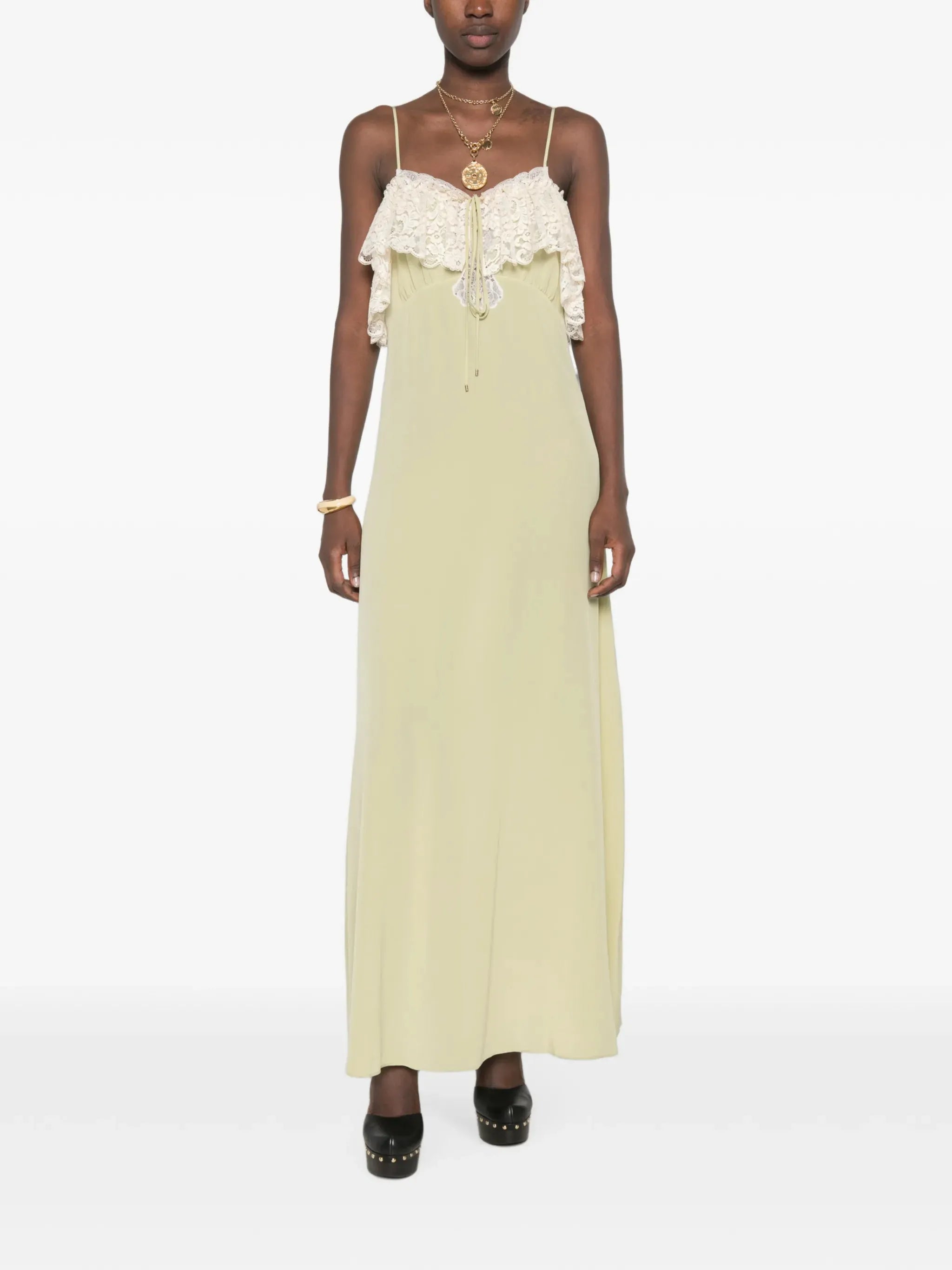 lace-trim silk maxi dress