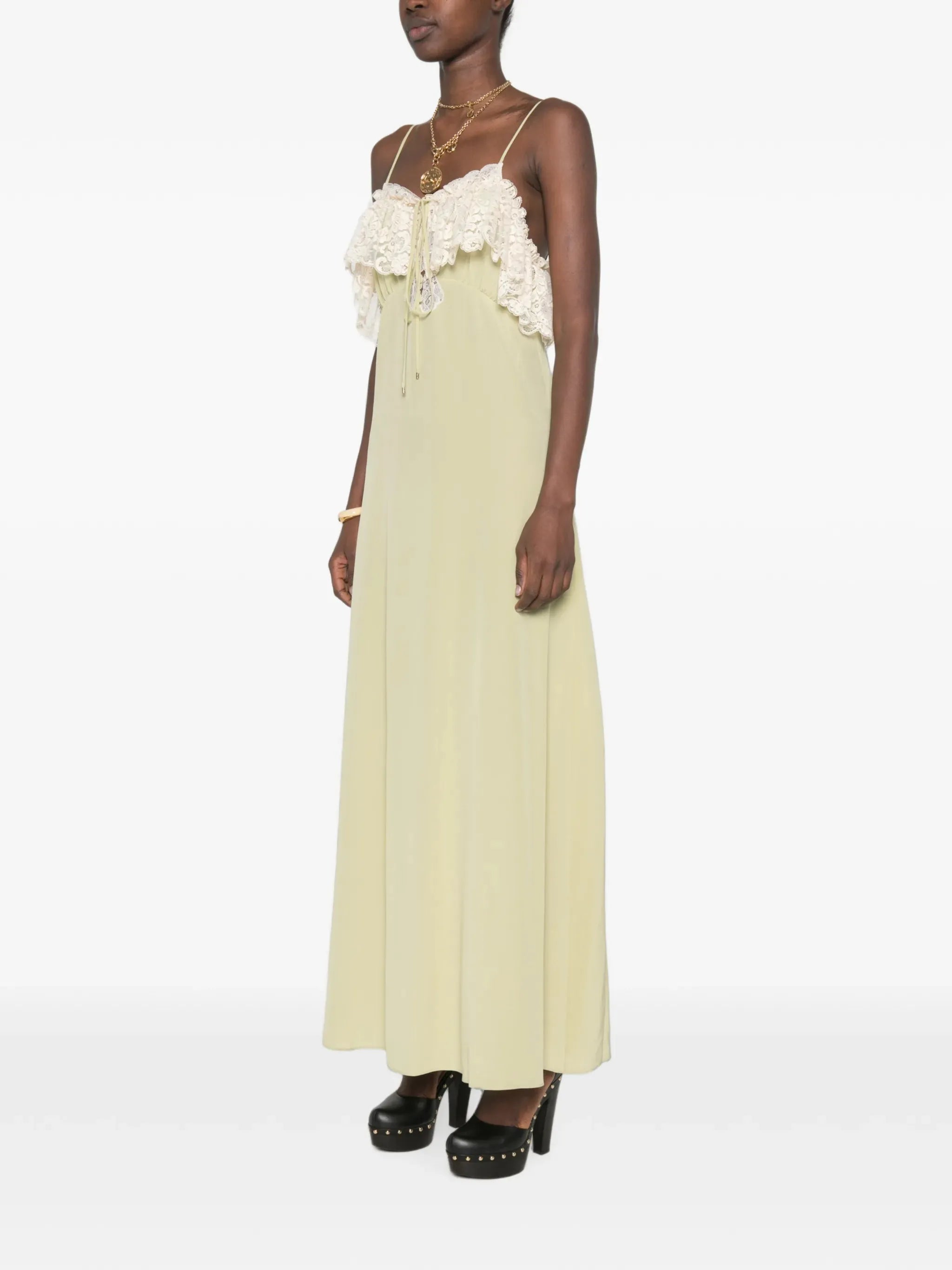 lace-trim silk maxi dress