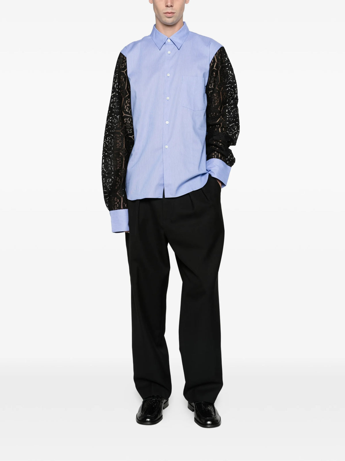 stripe long-sleeve shirt lace panel-detail blue white shirt