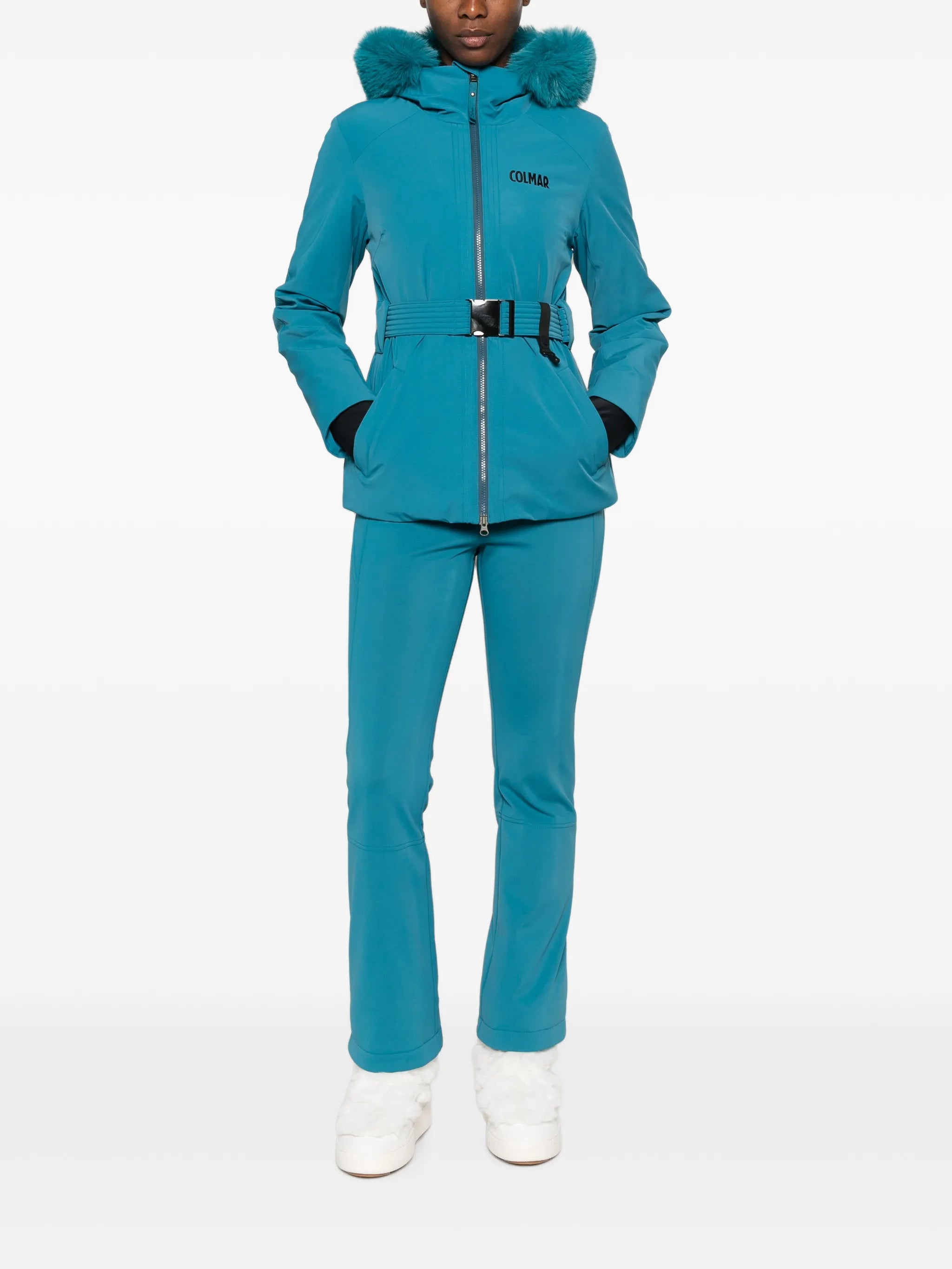 belted faux-fur-trim ski jacket