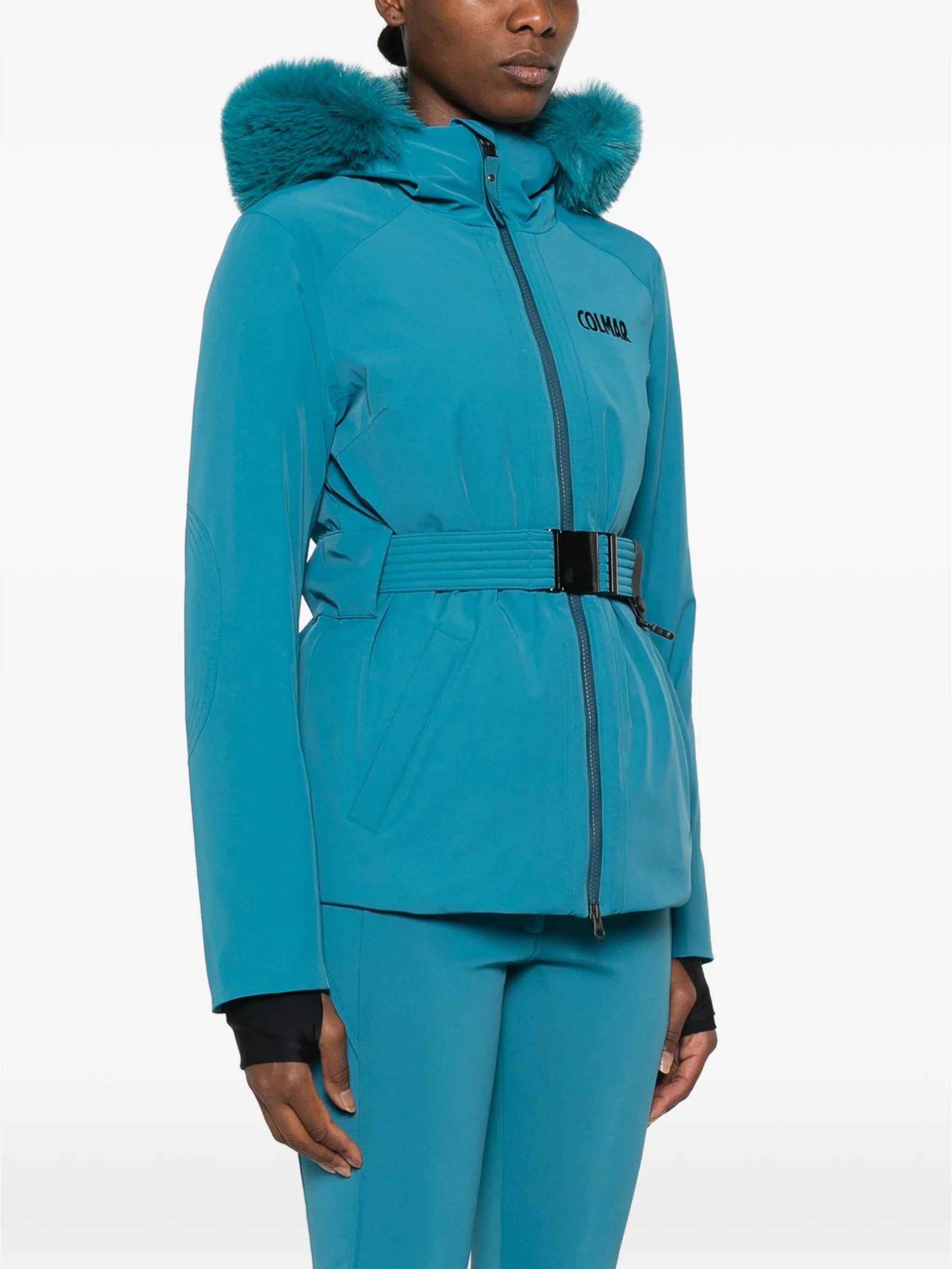 belted faux-fur-trim ski jacket