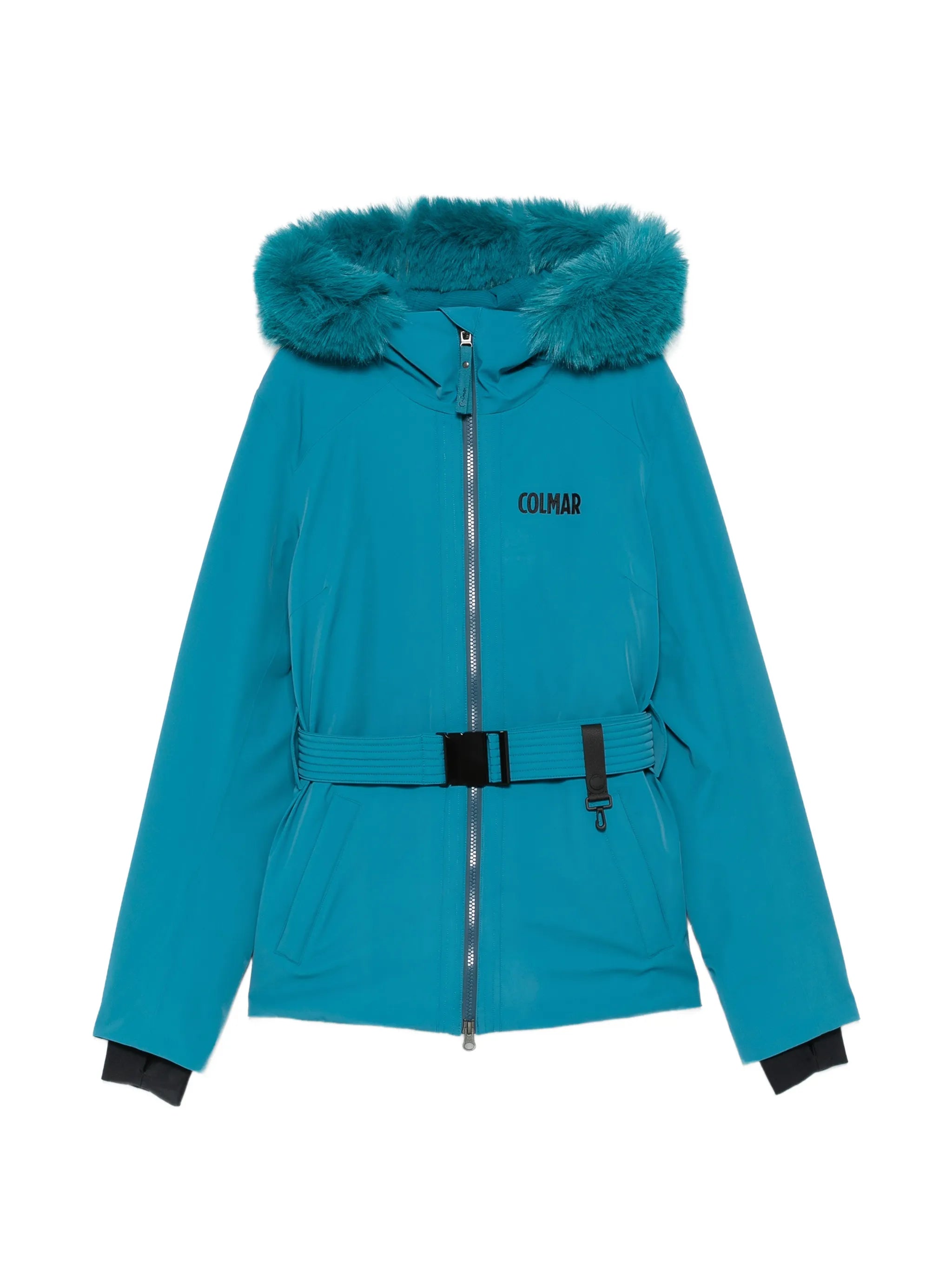 belted faux-fur-trim ski jacket