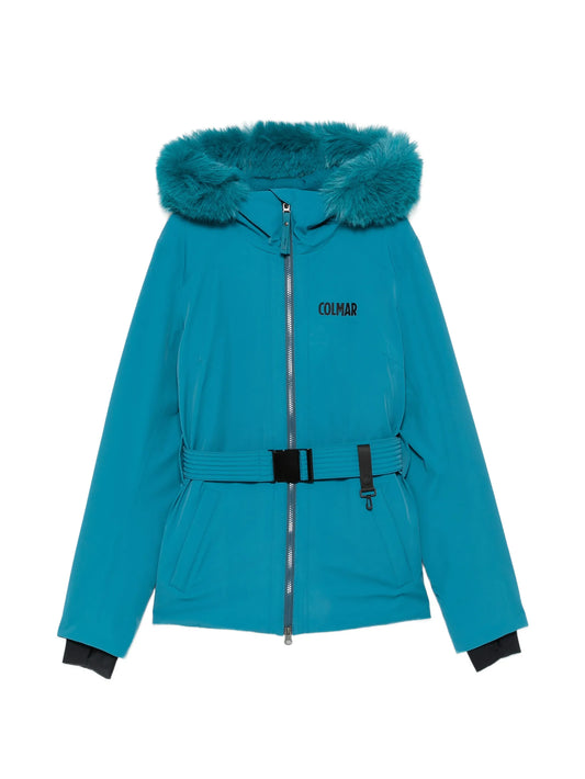 belted faux-fur-trim ski jacket