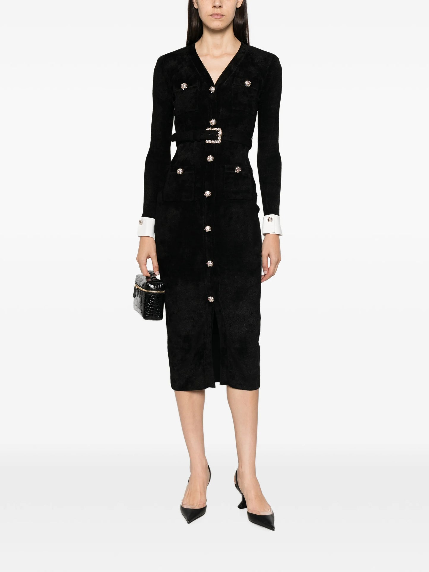 black chenille knit midi dress