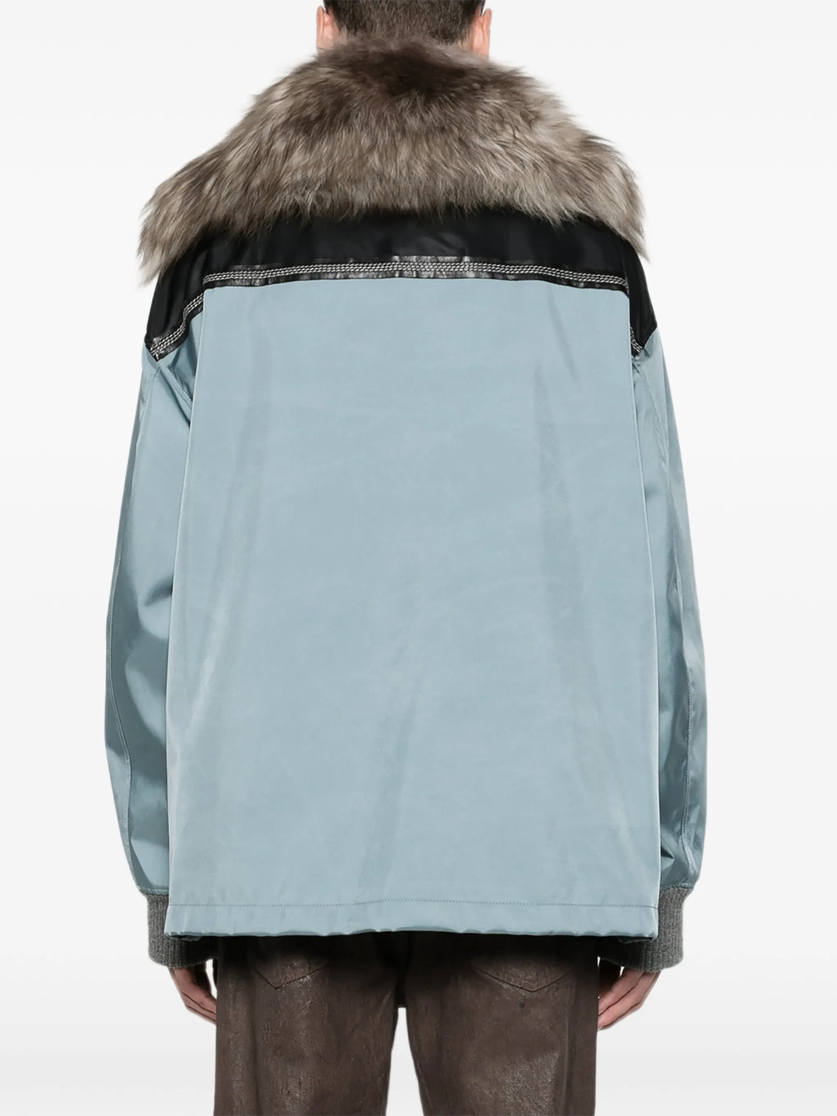 gray nylon half-zip jacket with fur collar