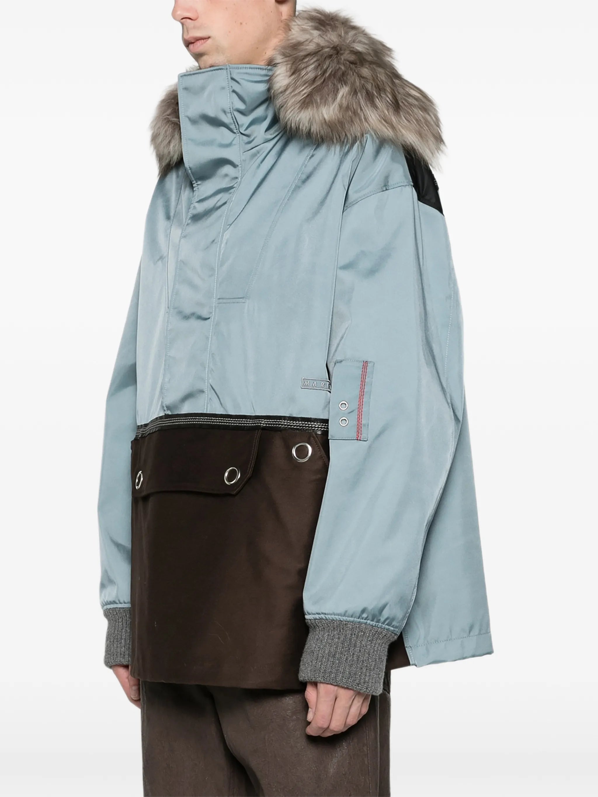 gray nylon half-zip jacket with fur collar