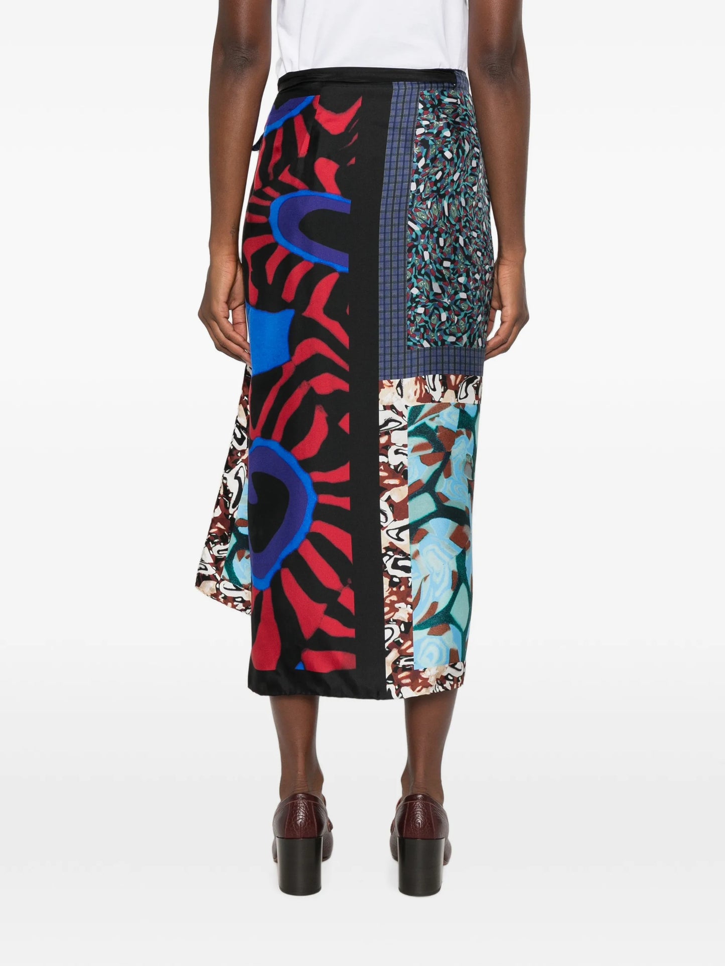 patchwork-print wrap midi skirt