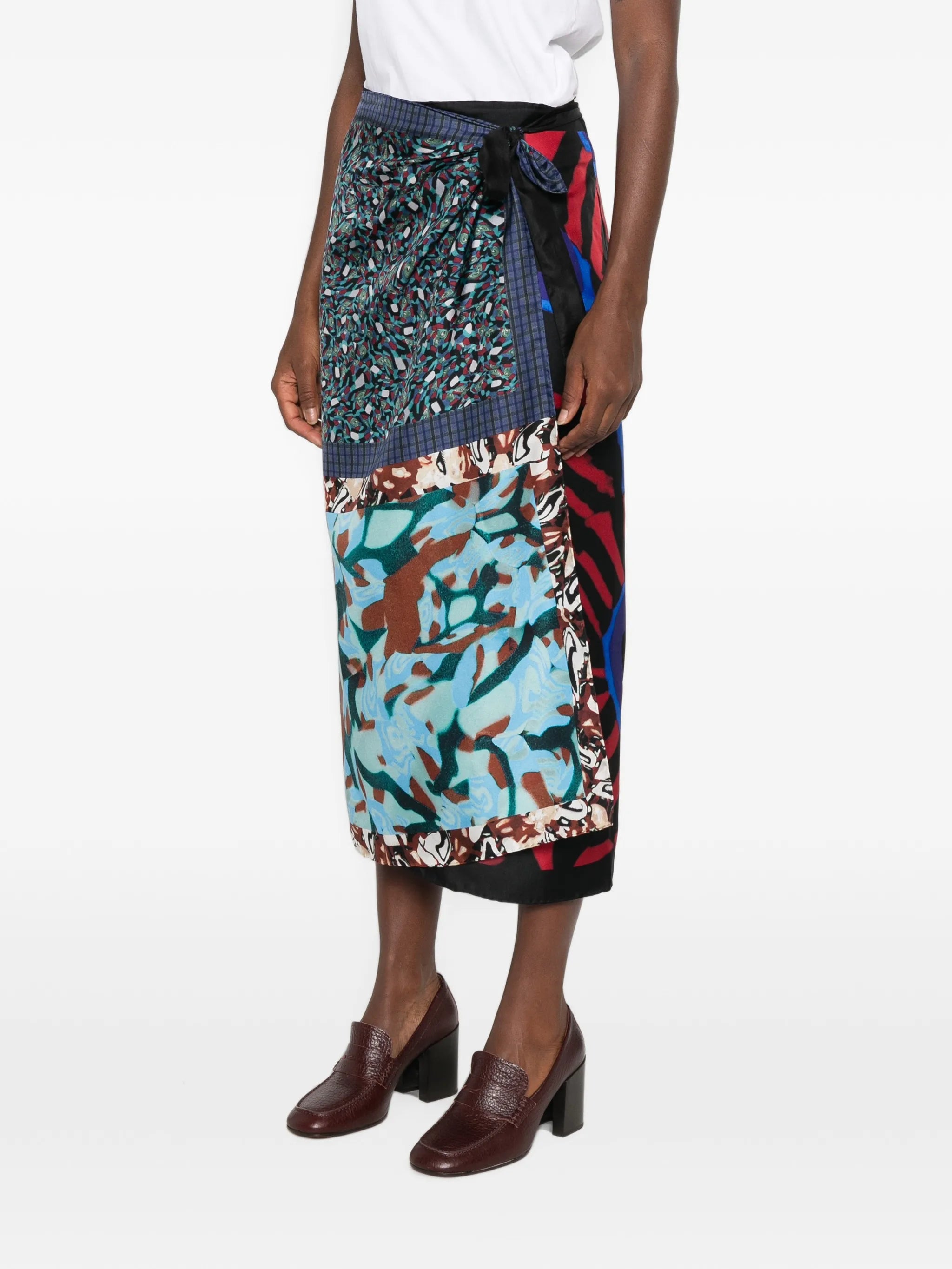 patchwork-print wrap midi skirt