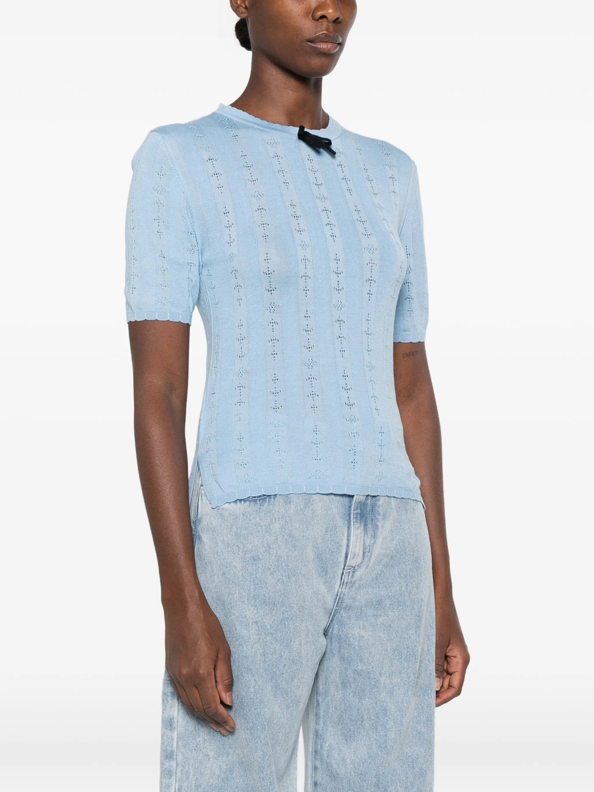 bow-detail pointelle-knit T-shirt