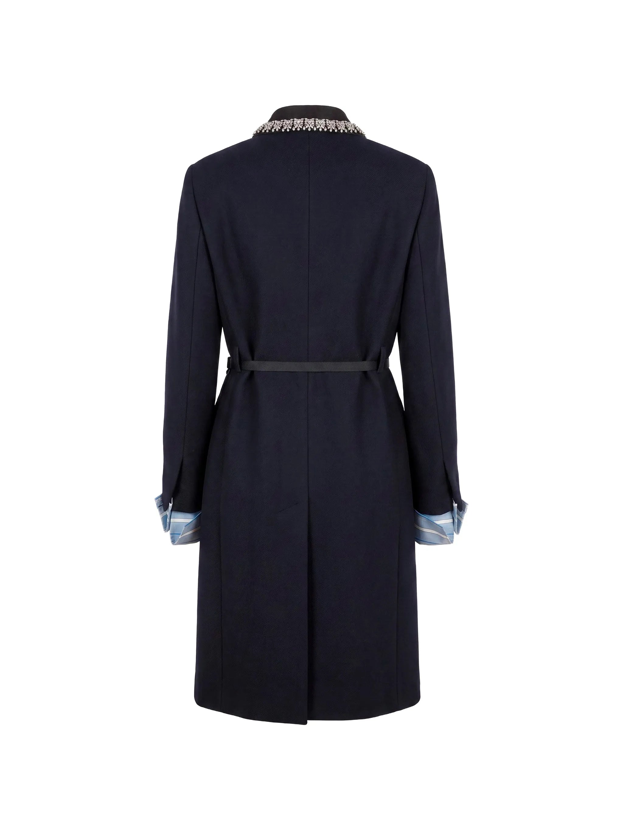 long wool coat with belt and jewel collar