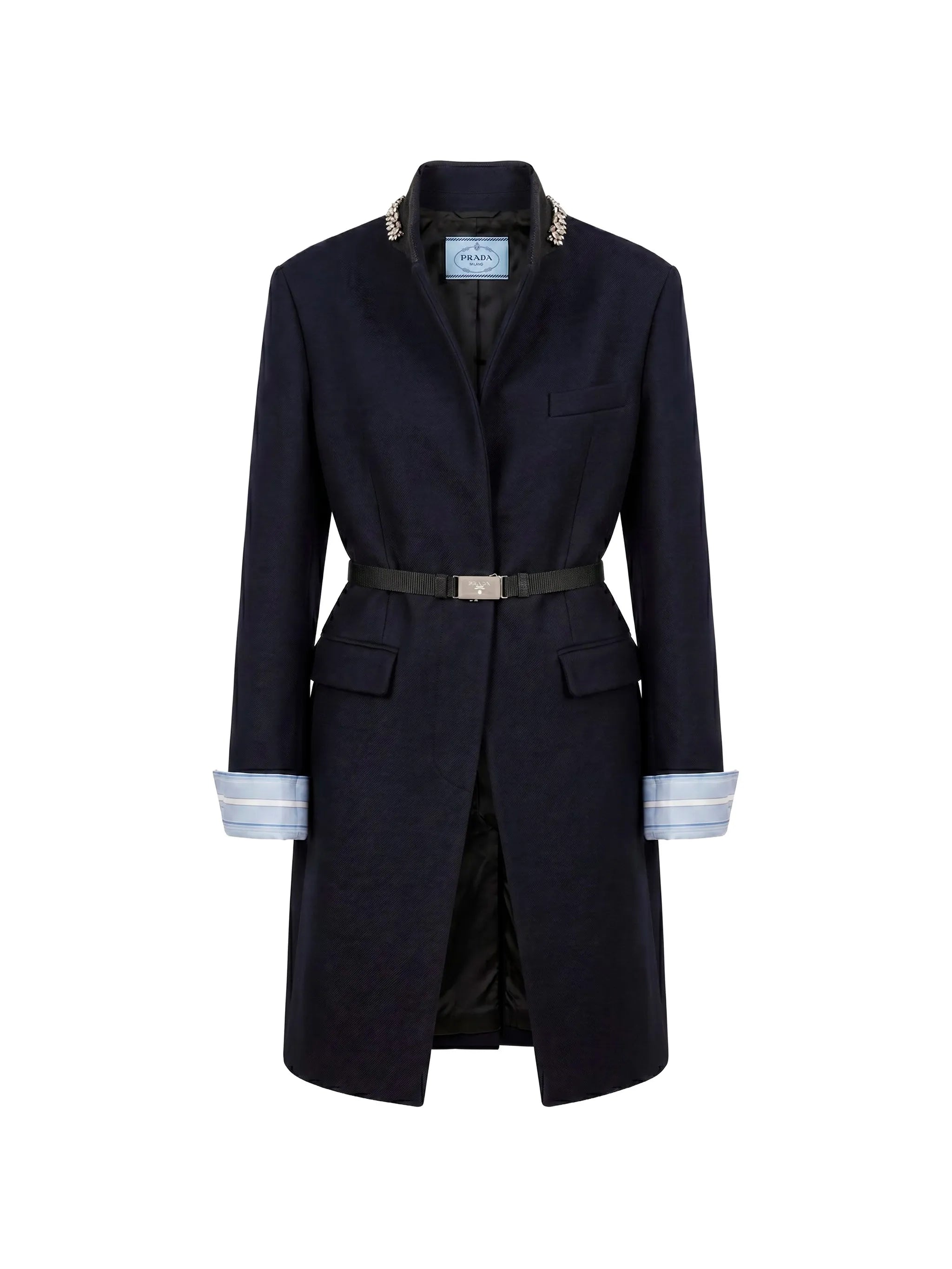 long wool coat with belt and jewel collar