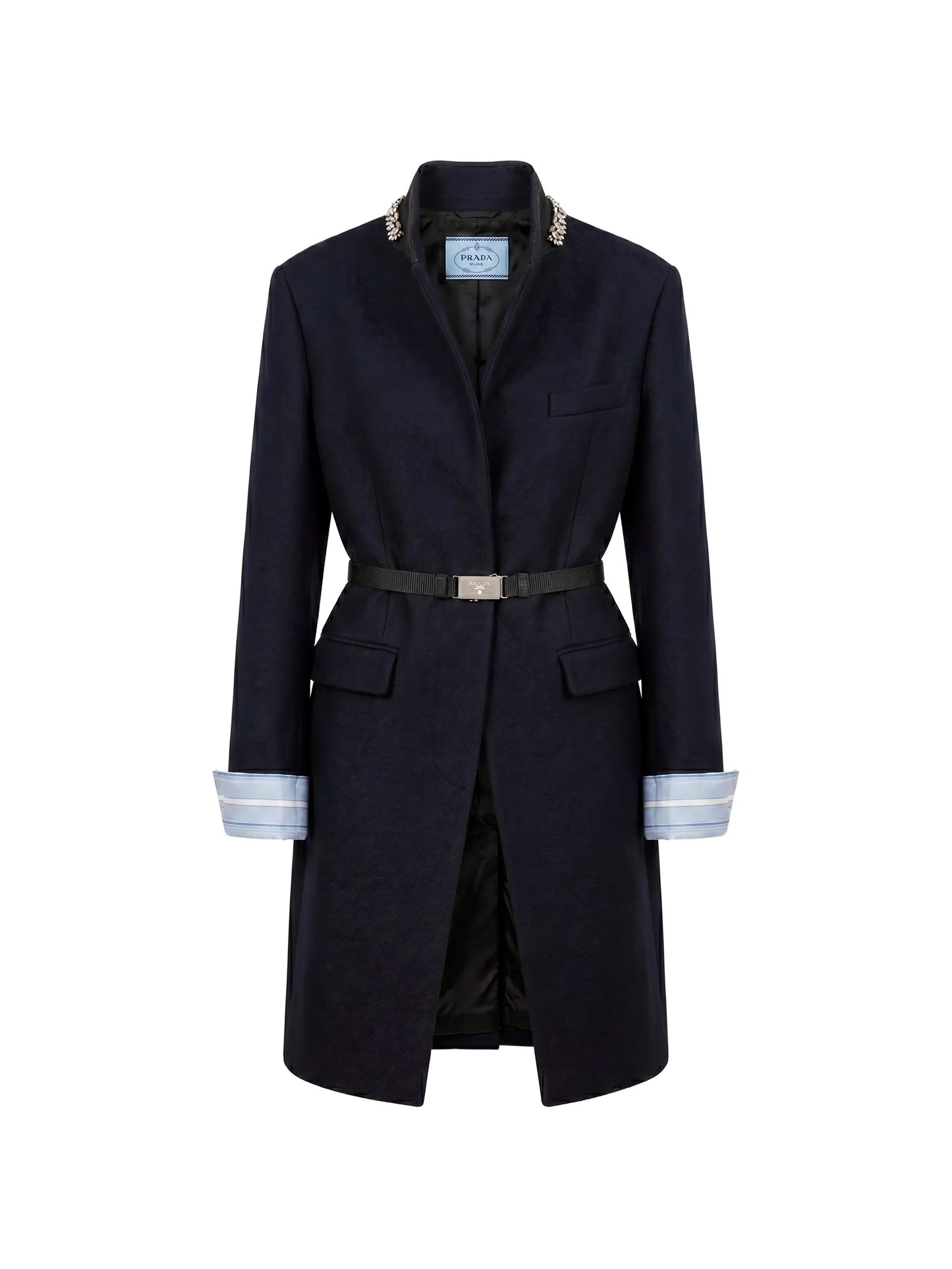 long wool coat with belt and jewel collar