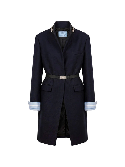 long wool coat with belt and jewel collar