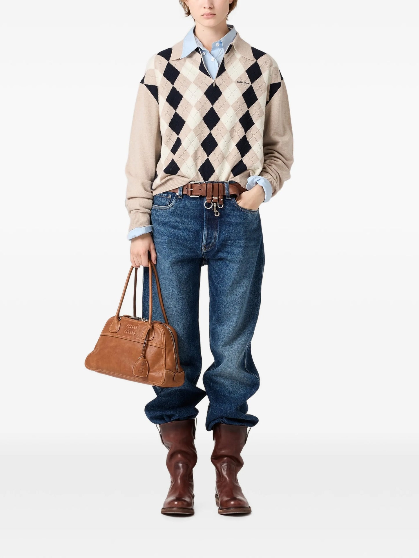 argyle-intarsia quarter-zip sweater