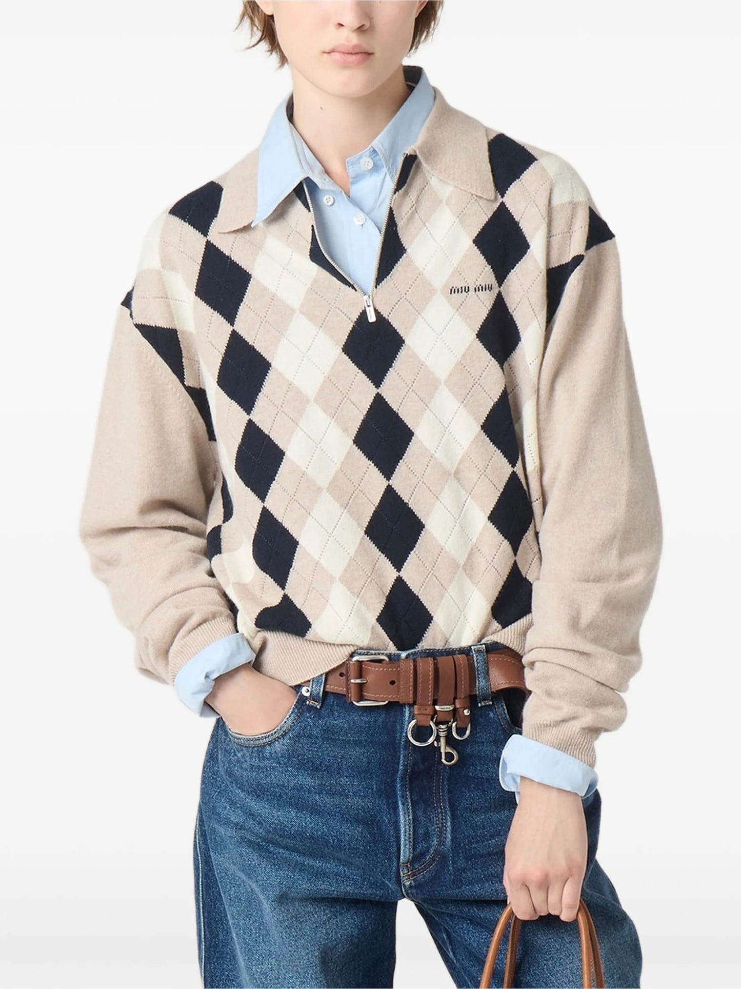 argyle-intarsia quarter-zip sweater