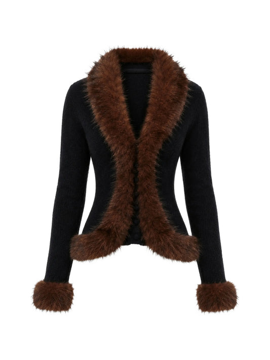 black faux-fur knit cardigan