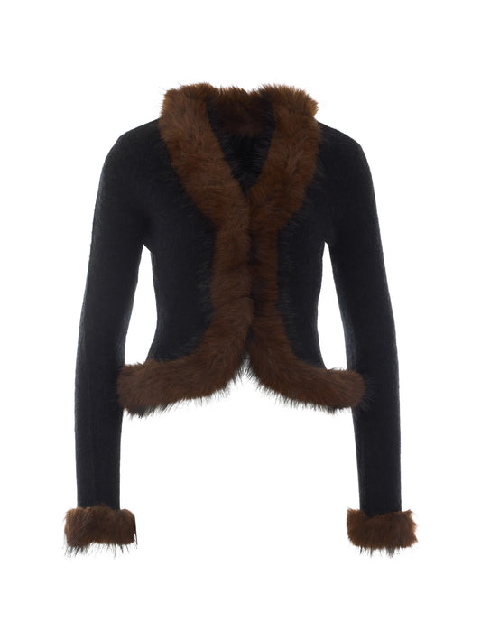 black faux-fur knit cardigan