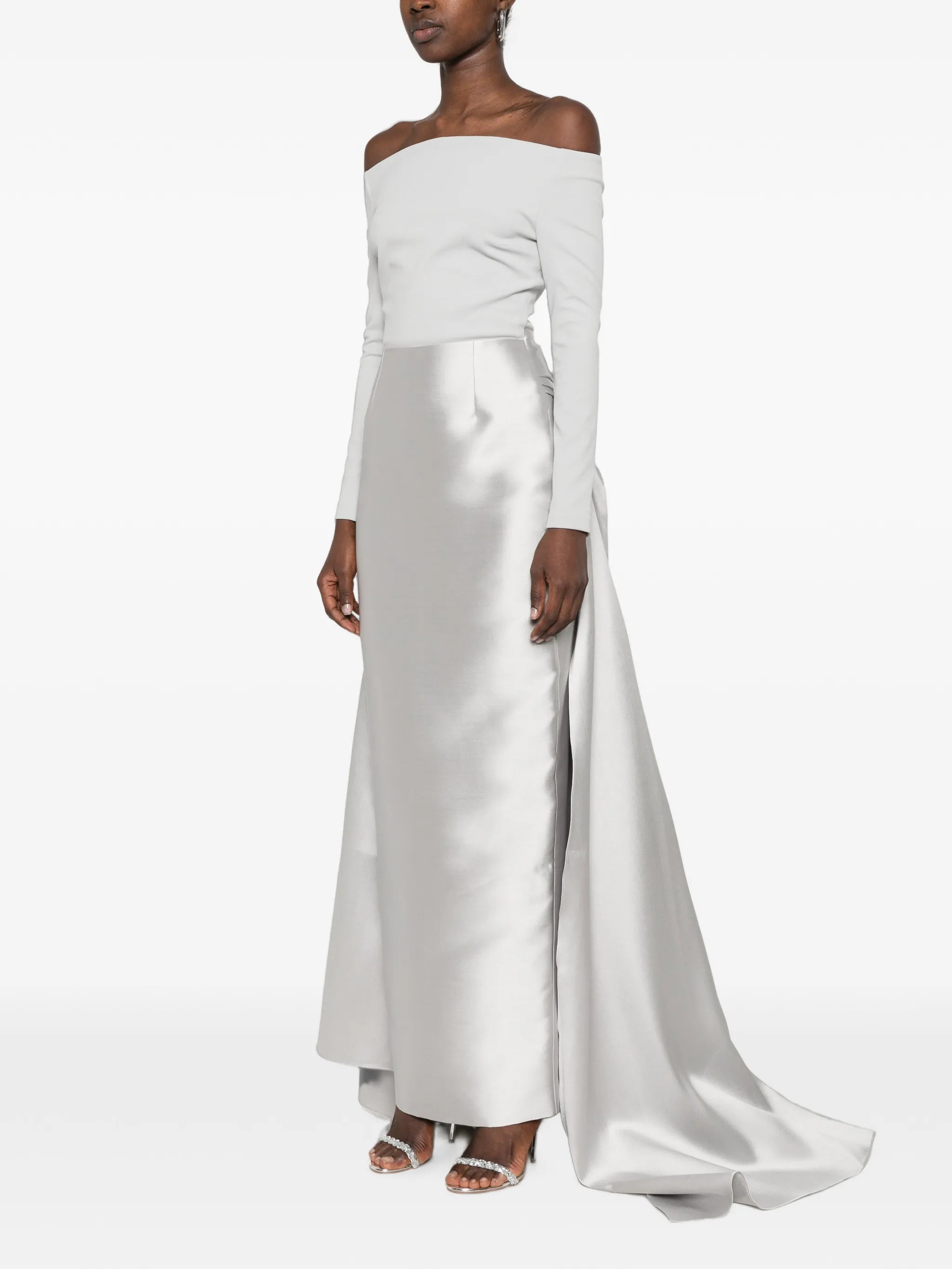 off-shoulder draped gown maxi dress