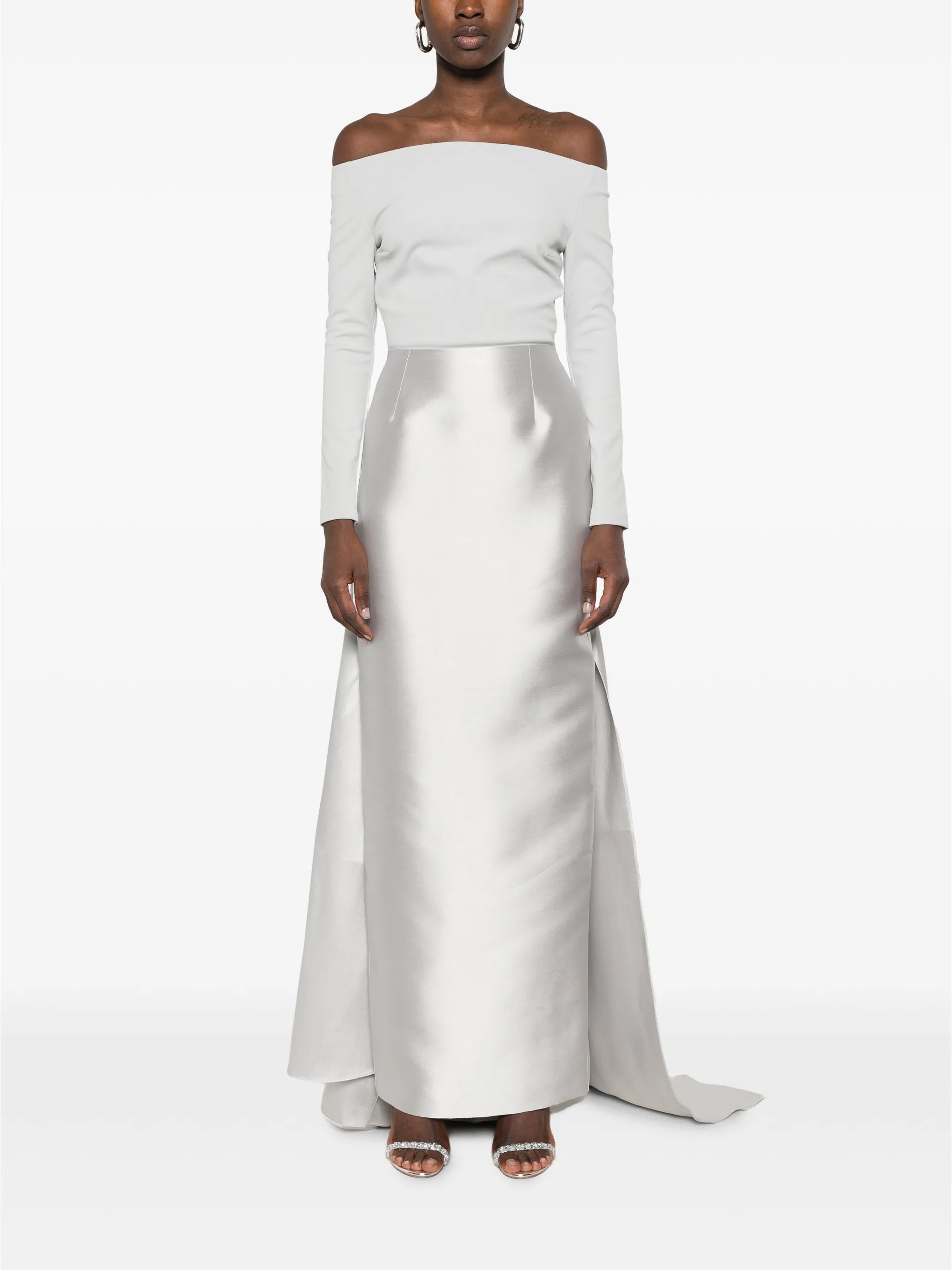 off-shoulder draped gown maxi dress