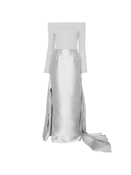 off-shoulder draped gown maxi dress