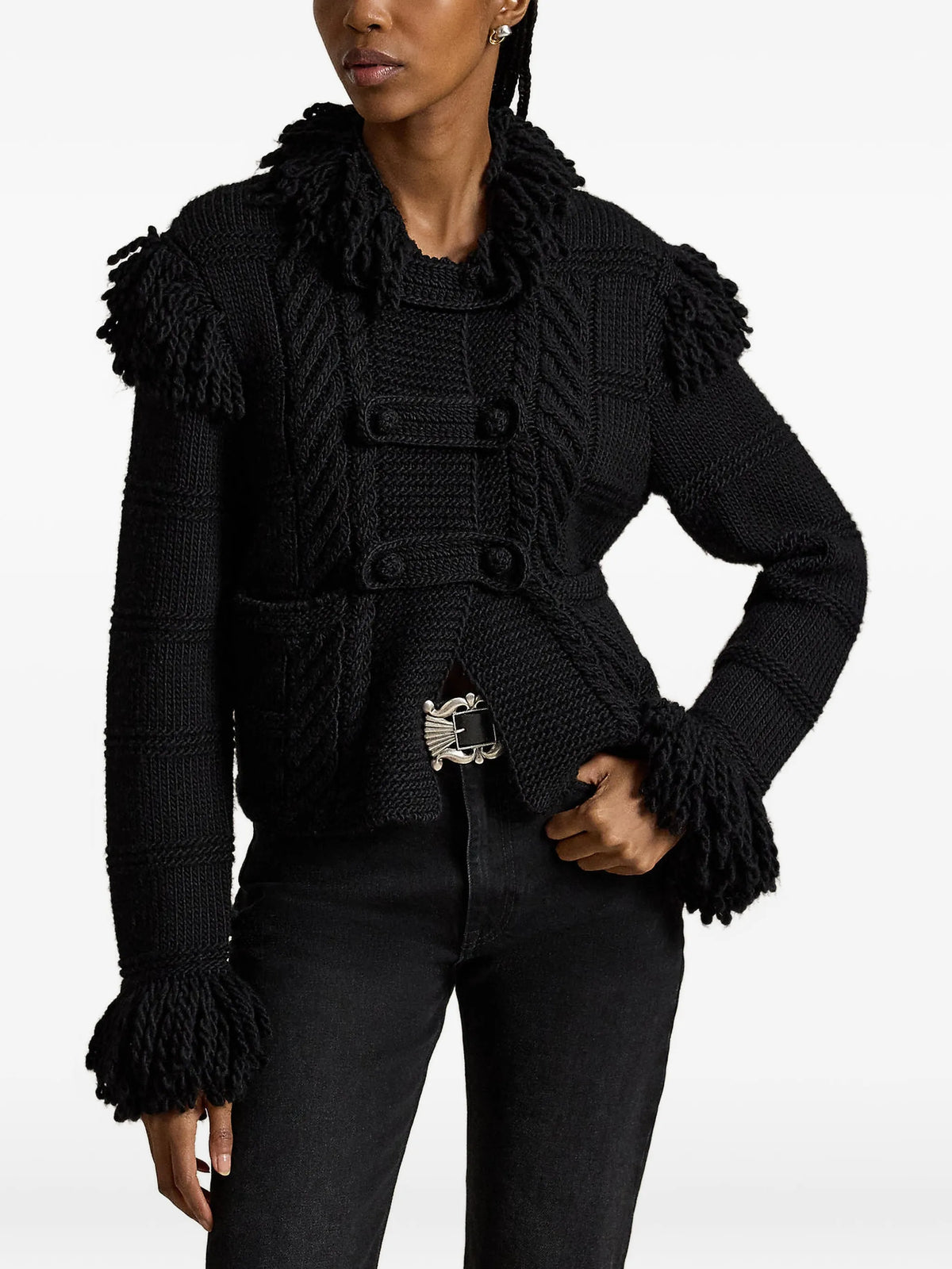 fringe-trimmed cable-knit cardigan