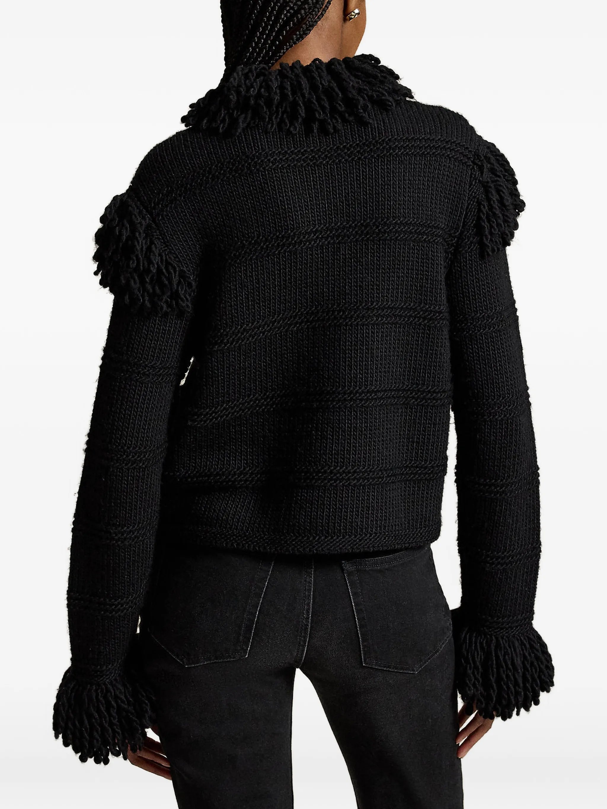 fringe-trimmed cable-knit cardigan