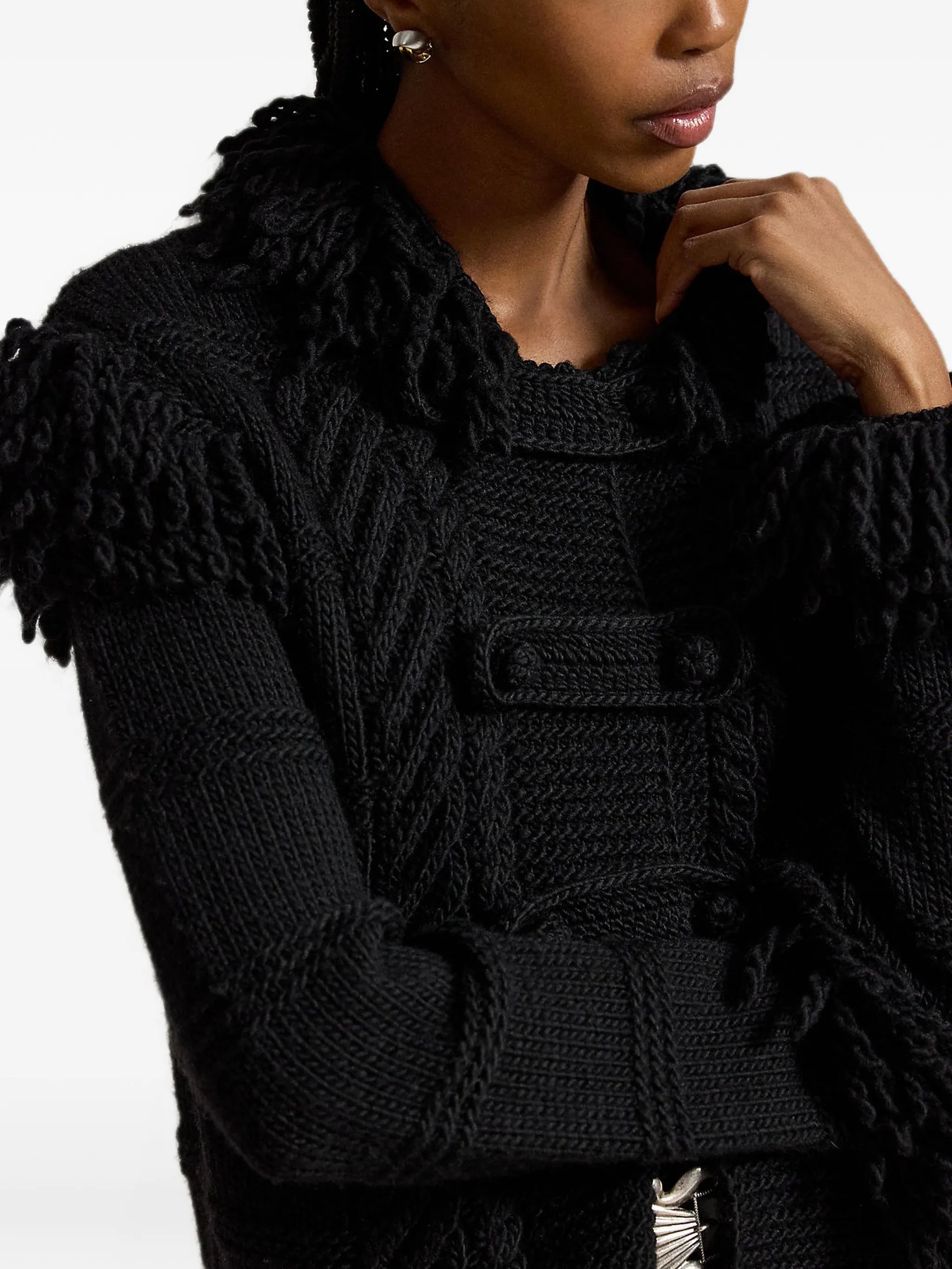 fringe-trimmed cable-knit cardigan