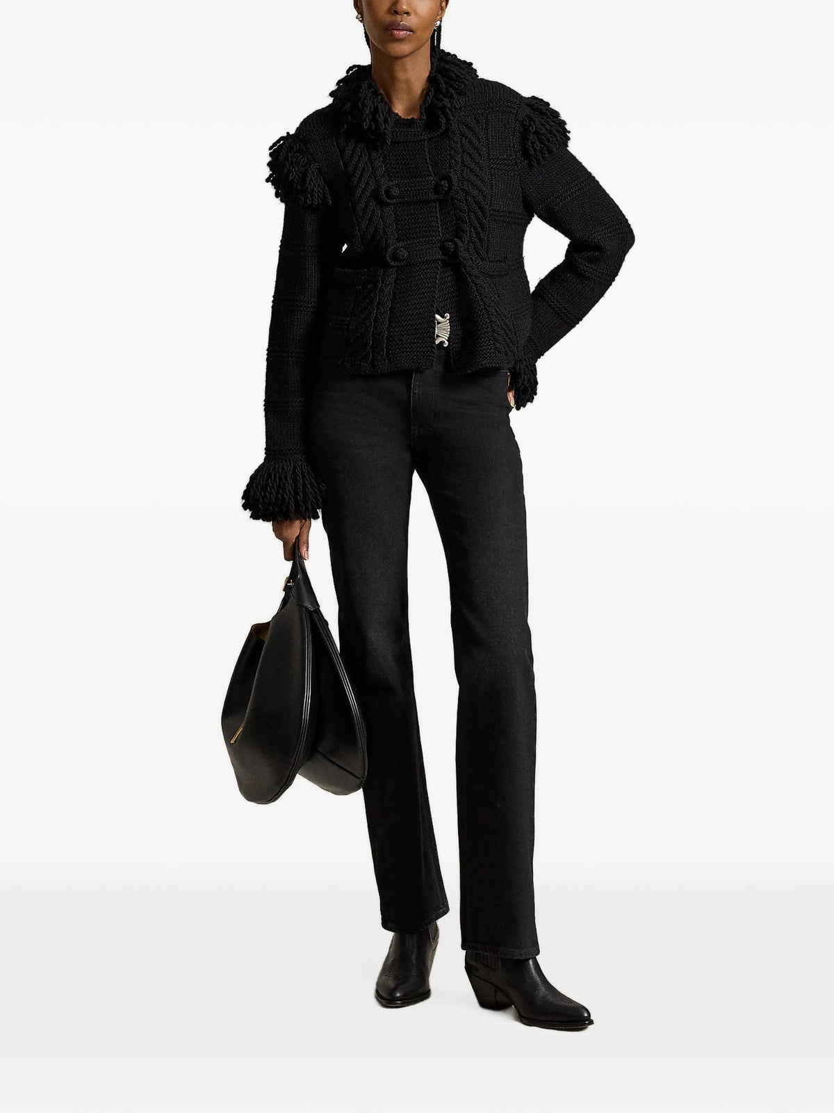 fringe-trimmed cable-knit cardigan