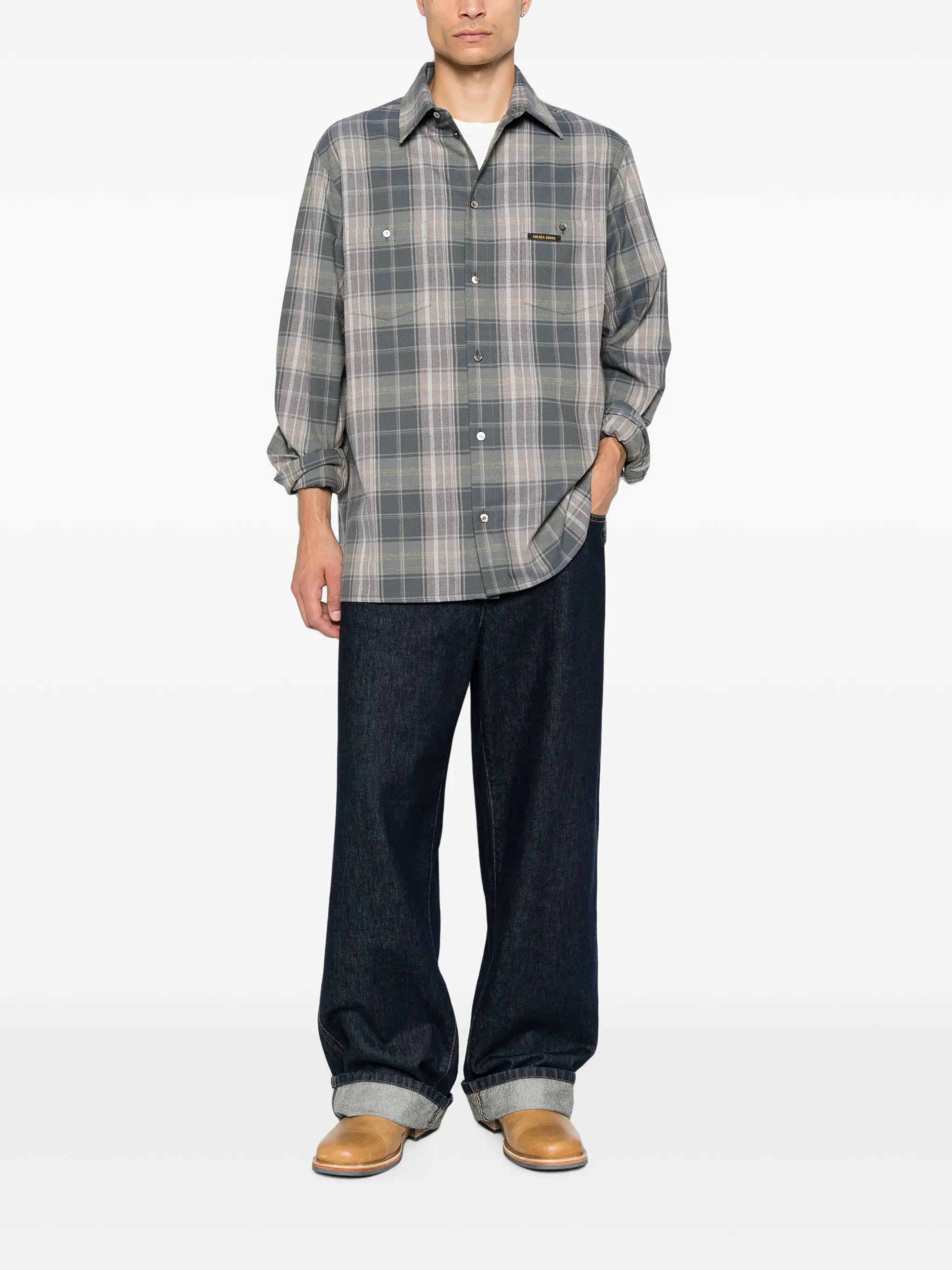 check-pattern logo-patch shirt