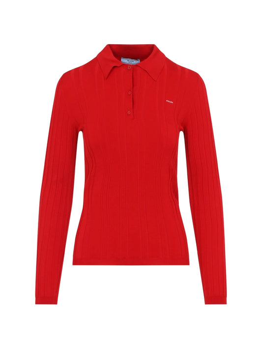 ribbed-knit long-sleeve polo shirt